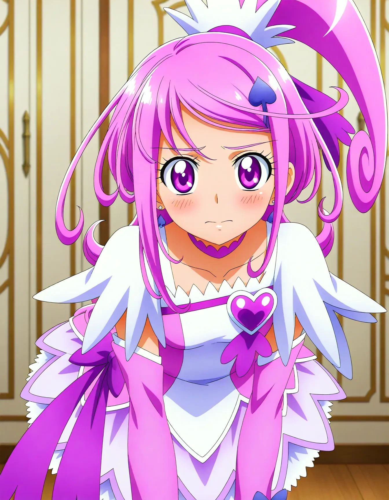 <lora:cure_sword_V1:1>,<lora:dmd2_sdxl_4step:1>,official style,masterpiece,best quality,newest,very aesthetic,highly detailed,high resolution,absurdres,highres,depth of field,super detailed skin,very awa,Anime,anime coloring,anime screencap,cure sword,purple eyes,purple hair,high ponytail,earrings,jewelry,hair ornament,spade hair ornament,heart brooch,purple dress,detached sleeves,arm warmers,capelet,choker,shy,blush,embarrass,bent_over,