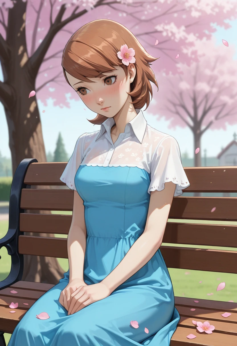 masterpiece, very aesthetic, best quality, absurdres, newest, solo,
<lora:ILP3Yukari:1>
Persona3Yukari, 1girl, short hair, brown hair, brown eyes, blurry background, outdoors, sitting on bench, hair flower, hair ornament, cherry blossoms, white shirt, blue dress, tree, short sleeves, closed mouth, petals, blush, day, hands on lap, park bench, collared shirt, pink flower, depth of field