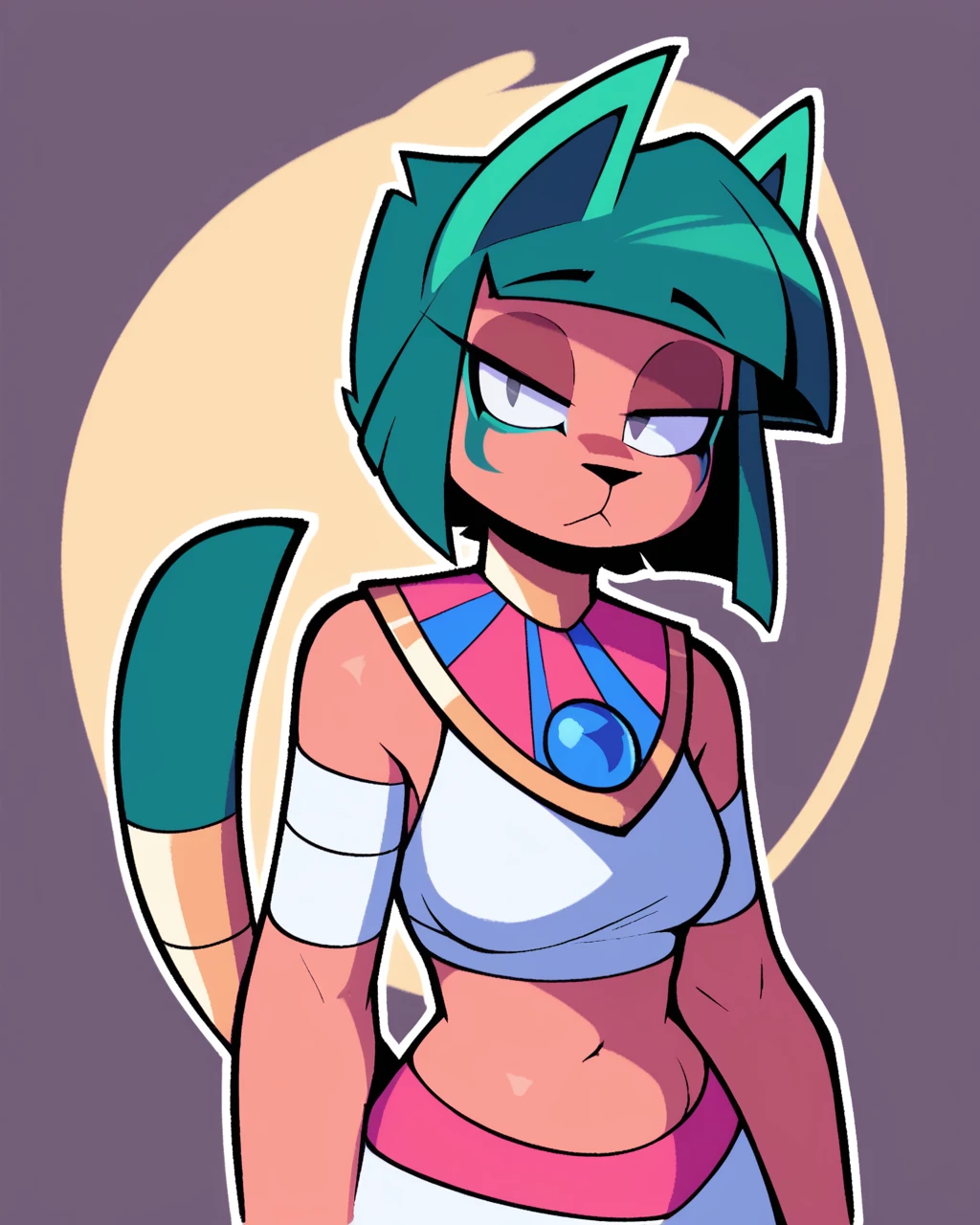 score_9_up, score_8_up, score_7_up, score_6_up, by remanedur, half-length portrait, female, green hair, green ears, grey eyes, cat, tail, medium breasts, facial mark, bandages, makeup, egyptian, midriff, skirt, furry, bangs, short hair, looking at viewer, neutral expression, head tilt, solo, three-quarter view, simple background, white outline, <lora:Leah_Pines(AIM)_XL_v1:0.15> <lora:PDXL_artist_tags_v2_big:0.5> <lora:The-Minuscule-Task_PDXL_v1.0:0.6> <lora:Morgana_Danvers_Tomb_Cats:0.7>