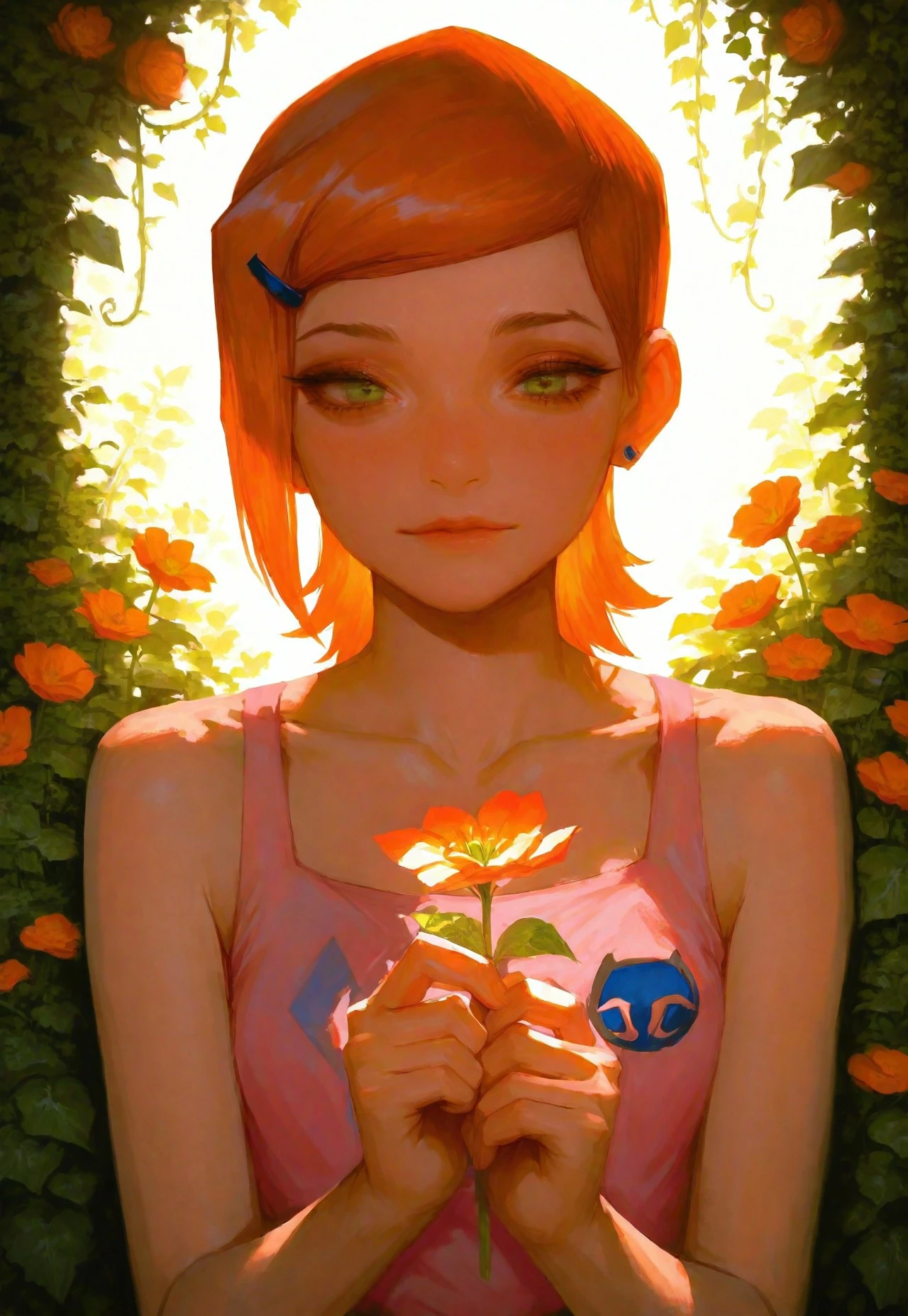masterpiece, best quality, realistic,
1girl, gwen tennyson (/Ben10)/,(ultra HD quality details), bright orange hair, short hair, (green eyes)
holding flowers
garden, flowers, soft lighting, vines, flowers in background, collarbone, sleeveless, pink outfit,
