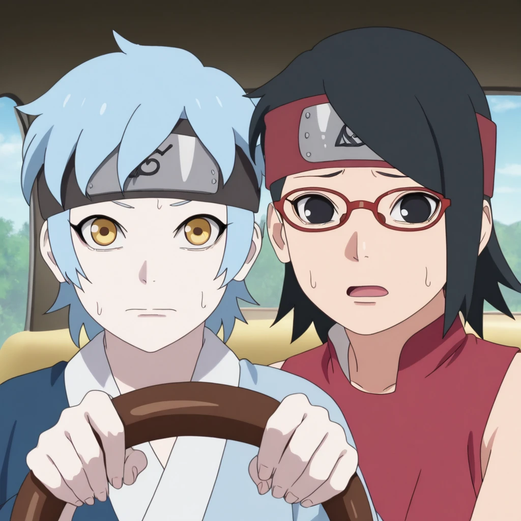 1boy,Mitsuki,short hair,blue hair,forehead protector,konohagakure symbol,pale skin,yellow eyes,blue and navy kimono,wide sleeves,BREAK,1girl, sarada, black eyes, black hair, short hair, glasses,red sleeveless dress,power crashes kobeni's car (meme), car interior, holding, steering wheel, look at viewer, crying with wide eyes open, nervous sweating, from front,power crashes kobeni's car (meme),high resolution,amazing quality,best quality,good lighting, detailed eyes,very aesthetic,very awa,detailed,anime coloring,anime screencap,complex background,Anime screencap,masterpiece