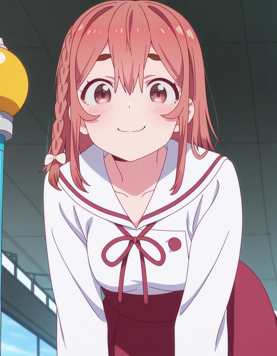 masterpiece, best quality, amazing quality,, <lora:sumi-sakurasawa-s1-illustriousxl-lora-nochekaiser:1>, sumi sakurasawa, sakurasawa sumi, bangs, pink eyes, hair between eyes, pink hair, braid, hair bow, thick eyebrows, mature female, small breasts, anime screencap, skirt, shirt, long sleeves, bow, ribbon, white shirt, serafuku, sailor collar, red ribbon, neck ribbon, red skirt, white sailor collar,, bent over, smug,, control tower, high, air_traffic, windows, staff, cowboy shot, solo, looking at viewer,