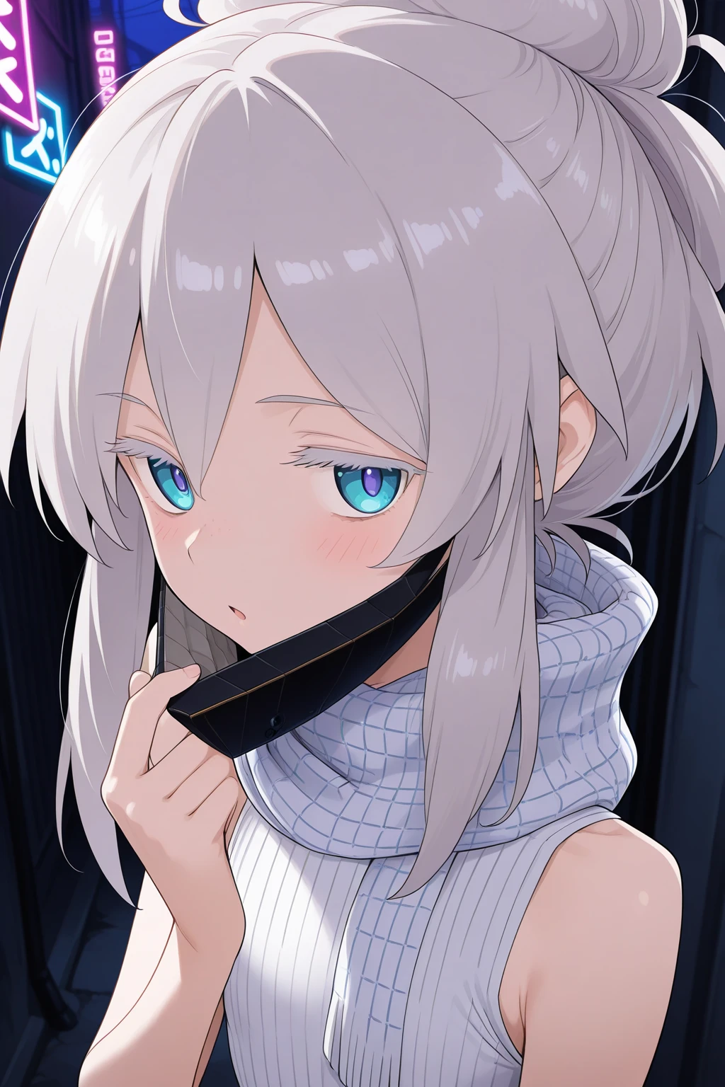 1girl,
DeuxMurasameGundamGQ, DMNormalOutfit,
sensitive, solo, perspective, from side, close-up, upper body,
grey hair, blue eyes, colored eyelashes, collarbone,
jitome,
mouth mask, unworn mask,
white scarf, plaid, sleeveless shirt, white shirt,
looking at viewer, hand up, mask pull, open mouth, blush,
night, alley, neon light, rim lighting,
depth of field,
<lora:kp_DeuxMurasameGundamGQIllustrious_v1_0:1.0>,
masterpiece, best quality, amazing quality