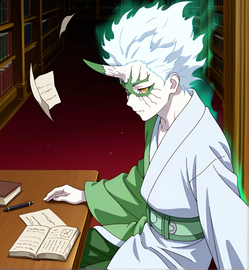 1boy,solo,male focus,Mitsuki,sage mode,short hair,floating hair,white hair,single horn,pale skin,yellow eyes,facial mark,white and green kimono,wide sleeves,green belt,green pants,telekenesis, library, floating books, paper, pen, sitting, aura, top half body, from side, from front, from top, dynamic angle,high resolution,amazing quality,best quality,good lighting, detailed eyes,very aesthetic,very awa,detailed,anime coloring,anime screencap