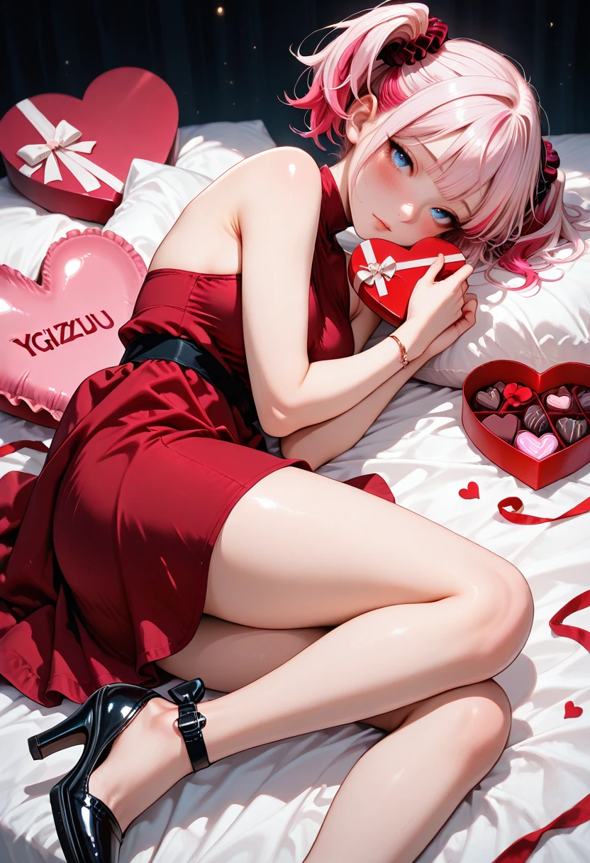 masterpiece, very aesthetic, best quality, absurdres, newest, solo,
<lora:ILYGIZuzu:1>
YGIZuzu, 1girl, pink hair, two-tone hair, short twintails, blue eyes, red dress, on side, lying, high heels, heart-shaped box, ponytail, scrunchie, bangs, looking at viewer, blush, black footwear, bare shoulders