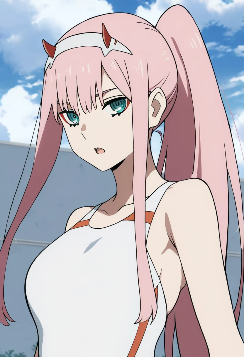 masterpiece, best quality, good quality, very awa, newest, highres, absurdres,outdoors, ZeroTwo-DarlingInTheFranXX ,
Zero Two \(Darling in the FranXX\), 1girl, solo, long hair, breasts, looking at viewer, open mouth, bangs, medium breasts, collarbone, swimsuit, upper body, ponytail, pink hair, sidelocks, hairband, outdoors, horns, sky, day, cloud, blue sky, one-piece swimsuit, cloudy sky, competition swimsuit, white hairband, white one-piece swimsuit, aqua eyes, oni horns
, <lora:Zero Two (Darling in the FranXX) Illustrious v3:0.8>