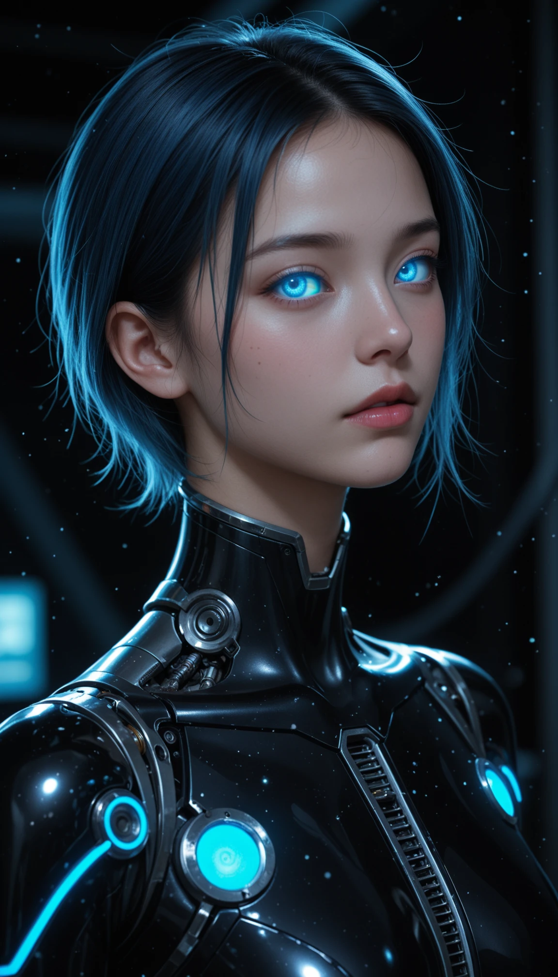 masterpiece, best quality, amazing quality, 4k, very aesthetic, high resolution, ultra-detailed, absurdres, scenery, realistic, photo, dramatic shadows, 1girl, solo, cyborg, (robot joints, mechanical body, metal body, mechanical limbs, mechanical arms, part lines:1.2), clothed, young cyborg woman, crack on face, translucent body, (glowing blue hair:1.2), blue eyes, (glowing eyes:1.3), neon, (mechanical parts, high-tech futuristic black blue cybernetic bodysuit:1.2), cables, wires, detailed full cyborg body parts, blue lights, cinematic portrait photo, portrait, face focus, dutch angle, (light particles:1.2), low cinematic lighting, dark cyberpunk background, neon, BREAK, detailed eyes, depth of field, photorealistic details