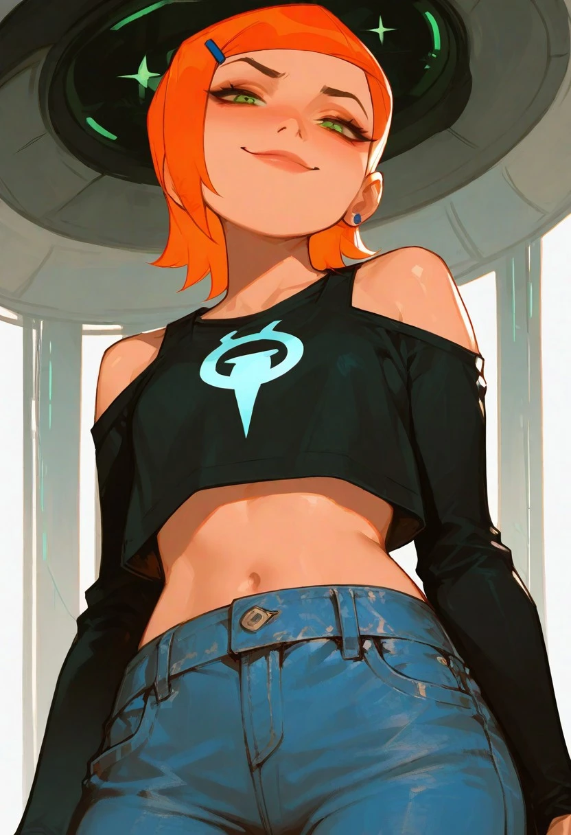masterpiece, best quality, good quality, very aesthetic, absurdres, newest, 
1girl,gwen tennyson (/Ben10)/,(ultra HD quality details), bright orange hair, short hair, (green eyes)
crop top, bare shoulders, midriff, long sleeves, bare shoulder, modest, denim jeans
 Low Angle View, smug smiling, darkness, blushed skin, galaxy vortex, translucent hair, smug Smile,