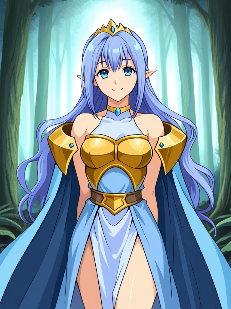 <lora:Teiris__Dragonforce:0.7>
dfteiris,,blue hair, long hair,blue eyes,pointy ears,,jewelry, tiara, choker,,cape, teiriscape,,
standing in a forest, solo, looking at viewer, smiling, cowboy shot,