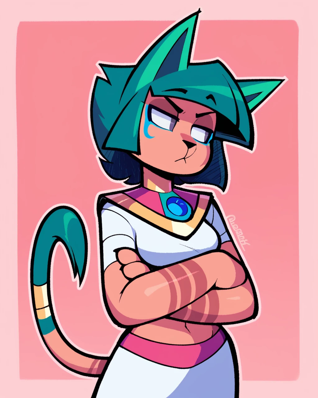 score_9_up, score_8_up, score_7_up, score_6_up, by remanedur, half-length portrait, female, green hair, green ears, grey eyes, cat, tail, medium breasts, crossed arms, facial mark, bandages, makeup, egyptian, midriff, skirt, furry, bangs, short hair, looking away, neutral expression, head tilt, solo, three-quarter view, simple background, white outline, <lora:Leah_Pines(AIM)_XL_v1:0.15> <lora:PDXL_artist_tags_v2_big:0.5> <lora:The-Minuscule-Task_PDXL_v1.0:0.6> <lora:Morgana_Danvers_Tomb_Cats:0.7>