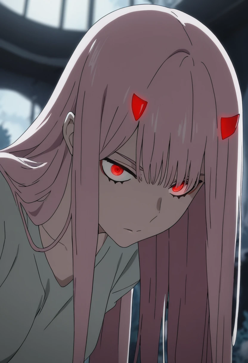 masterpiece, best quality, good quality, very awa, newest, highres, absurdres,outdoors, ZeroTwo-DarlingInTheFranXX ,
Zero Two \(Darling in the FranXX\), 1girl, solo, long hair, looking at viewer, bangs, red eyes, horns, indoors, blurry, blurry background, glowing eyes, oni horns, red horns, pink hair
, <lora:Zero Two (Darling in the FranXX) Illustrious v3:0.8>