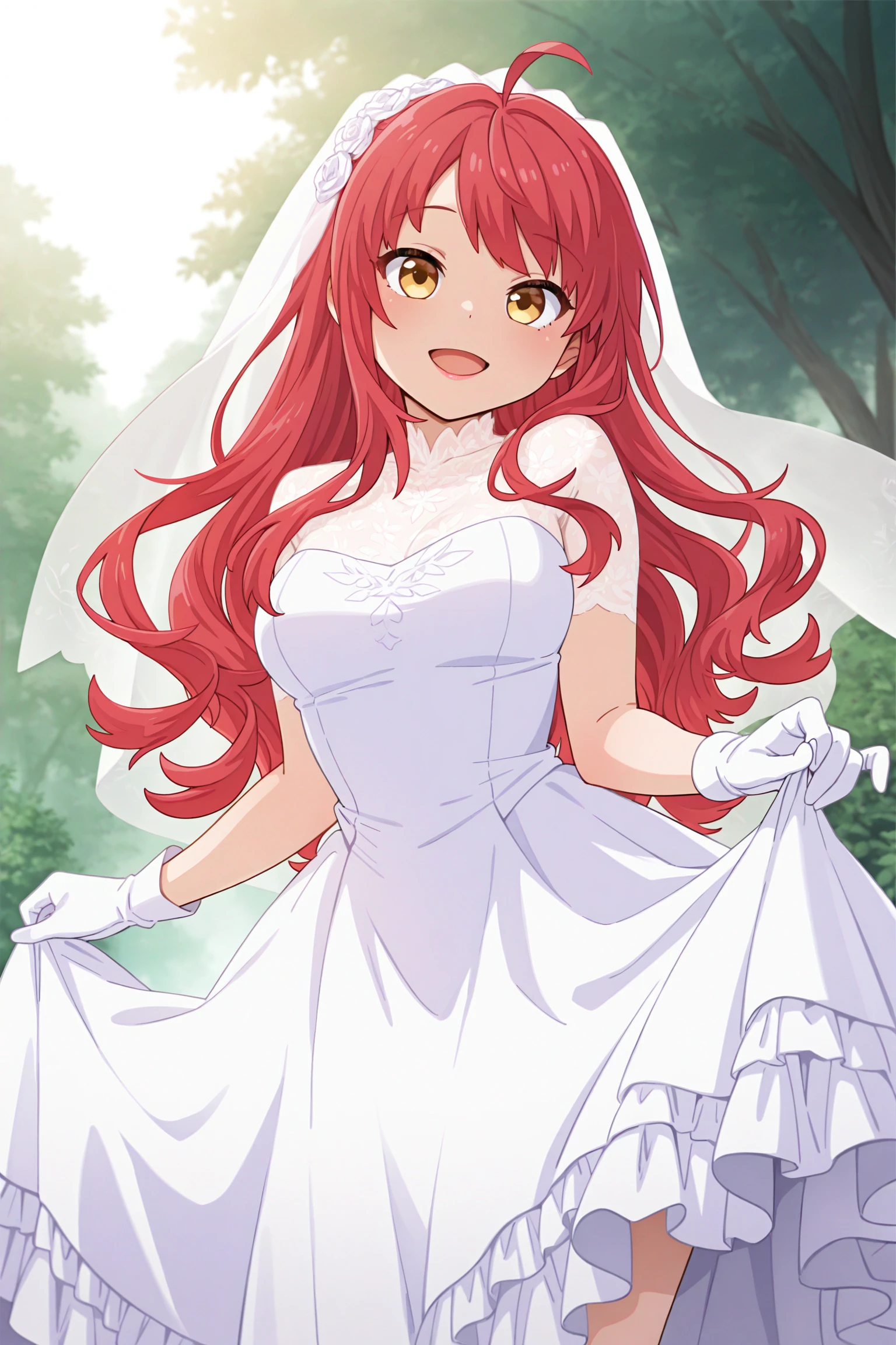 masterpiece, best quality, very aesthetic, hasumiurara, solo, outdoors, nature, bridal veil, red hair, ahoge, swept bangs, wavy hair, very long hair, sidelocks, yellow eyes, medium breasts, wedding dress, white dress, white gloves, frilled skirt, light smile, open mouth, :d, pink lips, <lora:Hasumi-Urara:0.7>