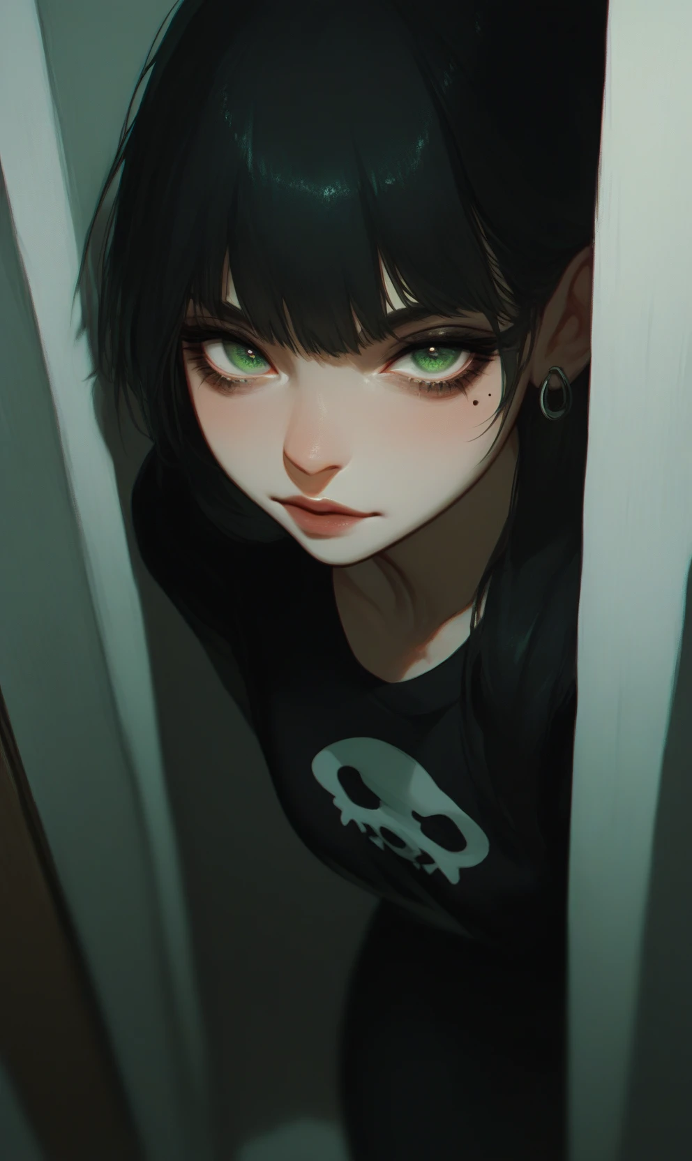 Score_9, score_8_up, score_7_up, score_6_up, score_5_up, score_4_up, a woman with an intense look on her face peeking out of a door, 1girl, solo, long hair, mole, looking at viewer, black hair, jewelry, bangs, green eyes, sharpness, low light, darkness, earrings, semi-realism, depth of field, bold lines, detailed face, emo style, pov hand on the knob, pov on home door