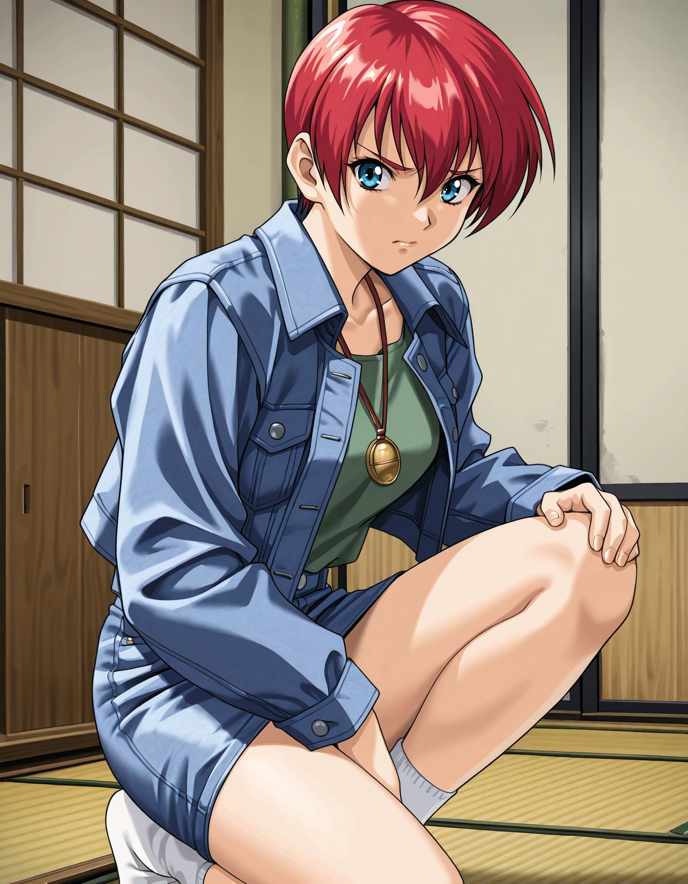 <lora:saku-v9-il-000041:0.75> a5am1, 1girl, solo, looking at viewer, furrowed brow, denim jacket, denim skirt, green shirt, necklace, locket, socks, squatting, one knee, indoors, tatami, shouji, sliding doors