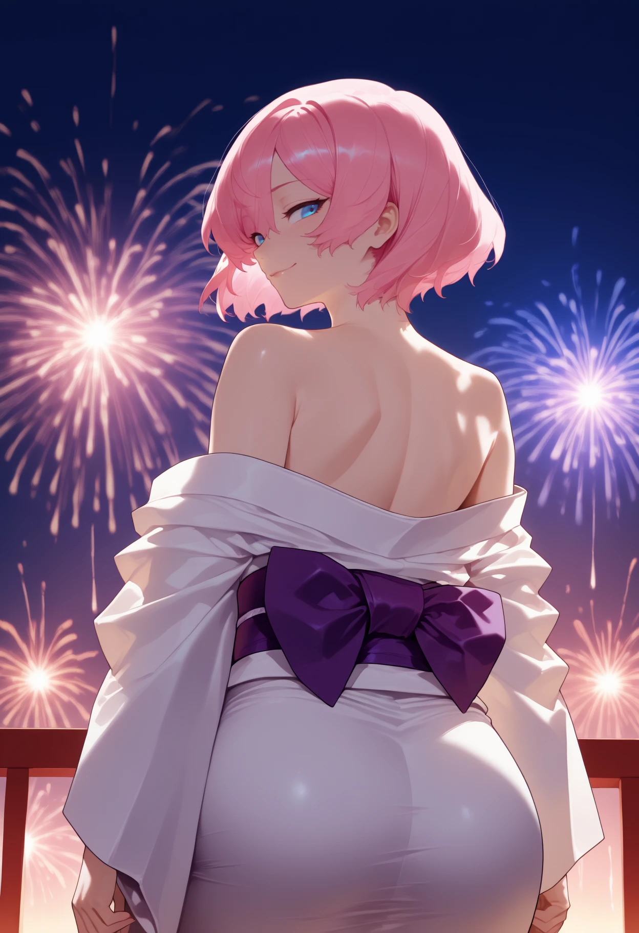 masterpiece, best quality, very aesthetic, absurdres, newest,1girl,1boy, huge tit, pleated skirt, shirt tucked in, tented shirt,Lavender hair,half updo/updo,gorgeous Fireworks in sky,surrounding by flowers,falling_petals, petals,,from below