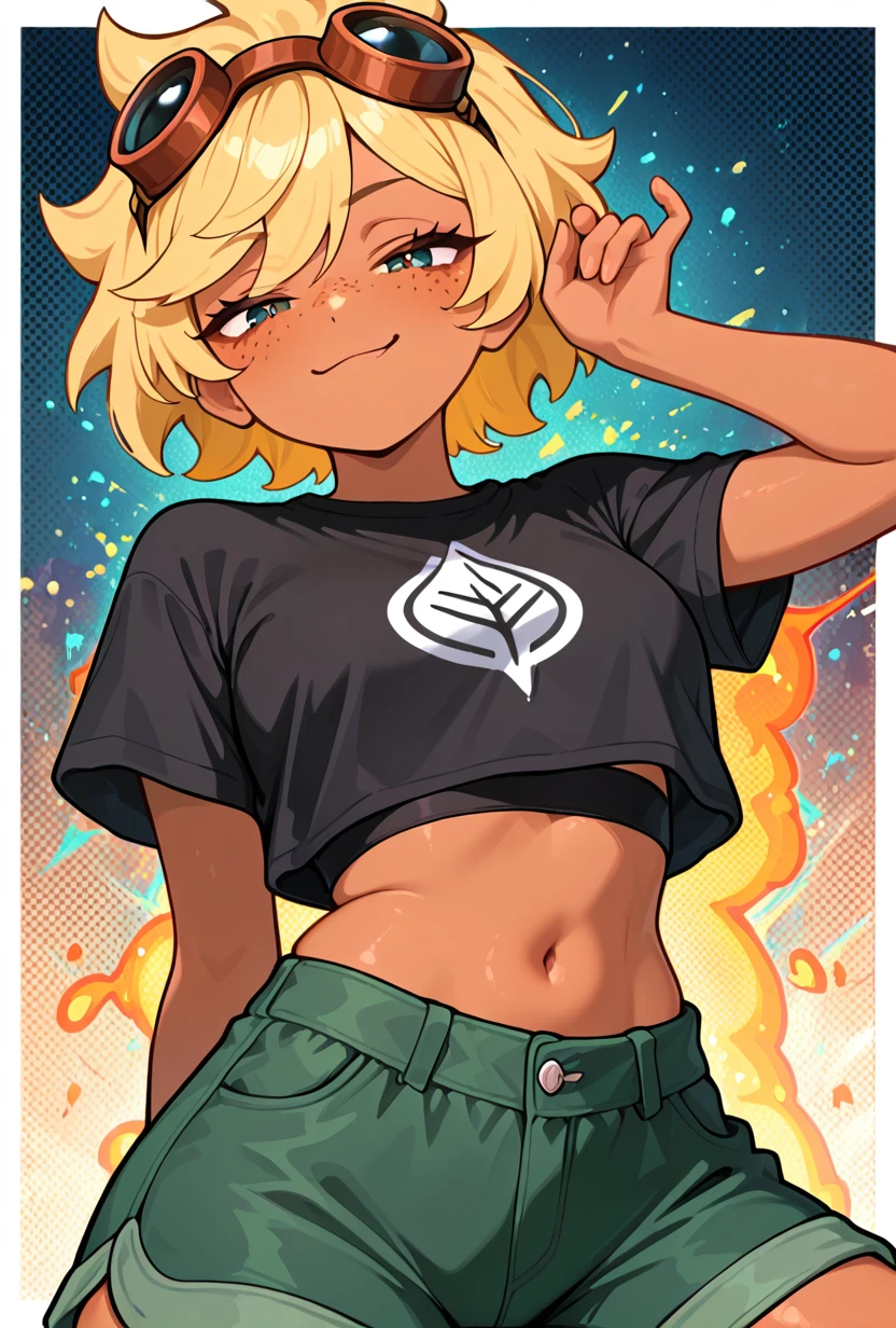 <lora:solarflare-09:1> solarflare, blonde hair, 1girl, goggles on head, short hair, black crop top, freckles, green shorts, , dark skin, midriff, smug, pose,, masterpiece, best quality, amazing quality, very aesthetic, absurdres, newest,, upper body, halftone effect, white borders, abstract background:1.2,