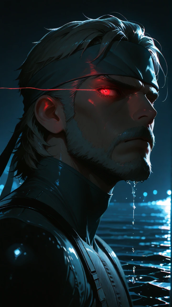 masterpiece, best quality, amazing quality, very aesthetic, absurdres, highres, newest, HDR, 8K, high detail, smooth shading, glossy surfaces, subtle, high contrast, dak depth, intricate detailed, colored lighting, night,
1boy, mature male, 50yo, Solid Snake\(metal gear solid\), grey moustache, bandana, (eye trail), water, dak depth, masterful shading, low kye, chromatic aberration, dark theme,