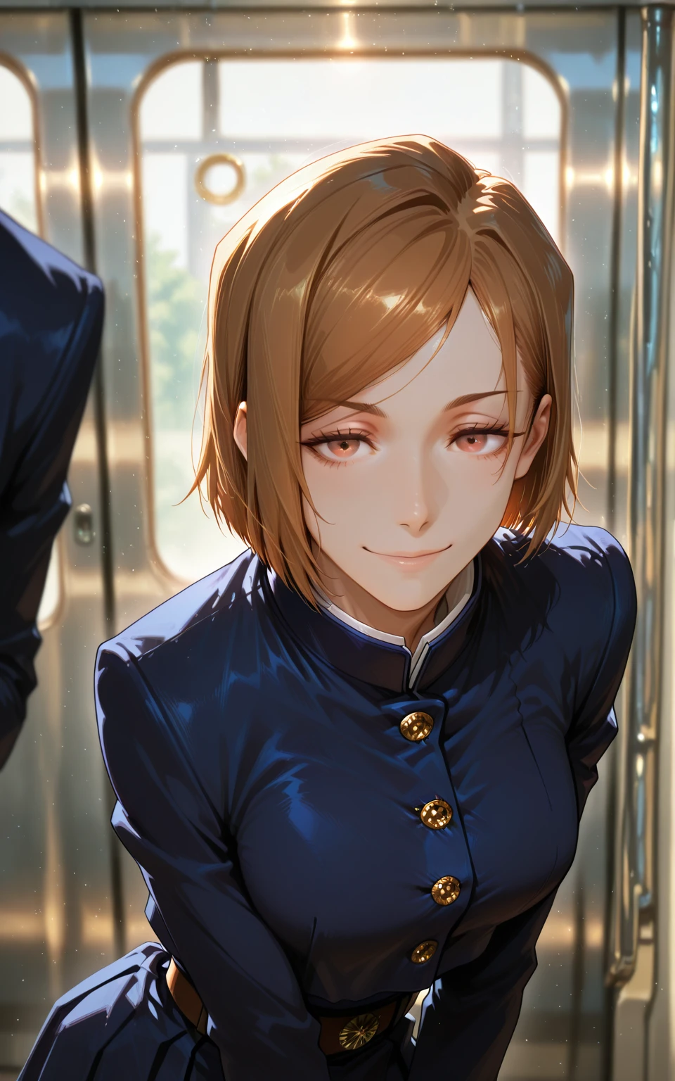 ilnobarakugisaki, kugisaki nobara, 1girl, brown hair, brown eyes, short hair, smile, school uniform, train interior, jujutsu tech uniform, skirt, looking at viewer, jacket, breasts, solo focus, high-waist skirt, belt, black jacket, leaning forward<lora:illustrious- Nobara Kugisaki -1024x1600:1>