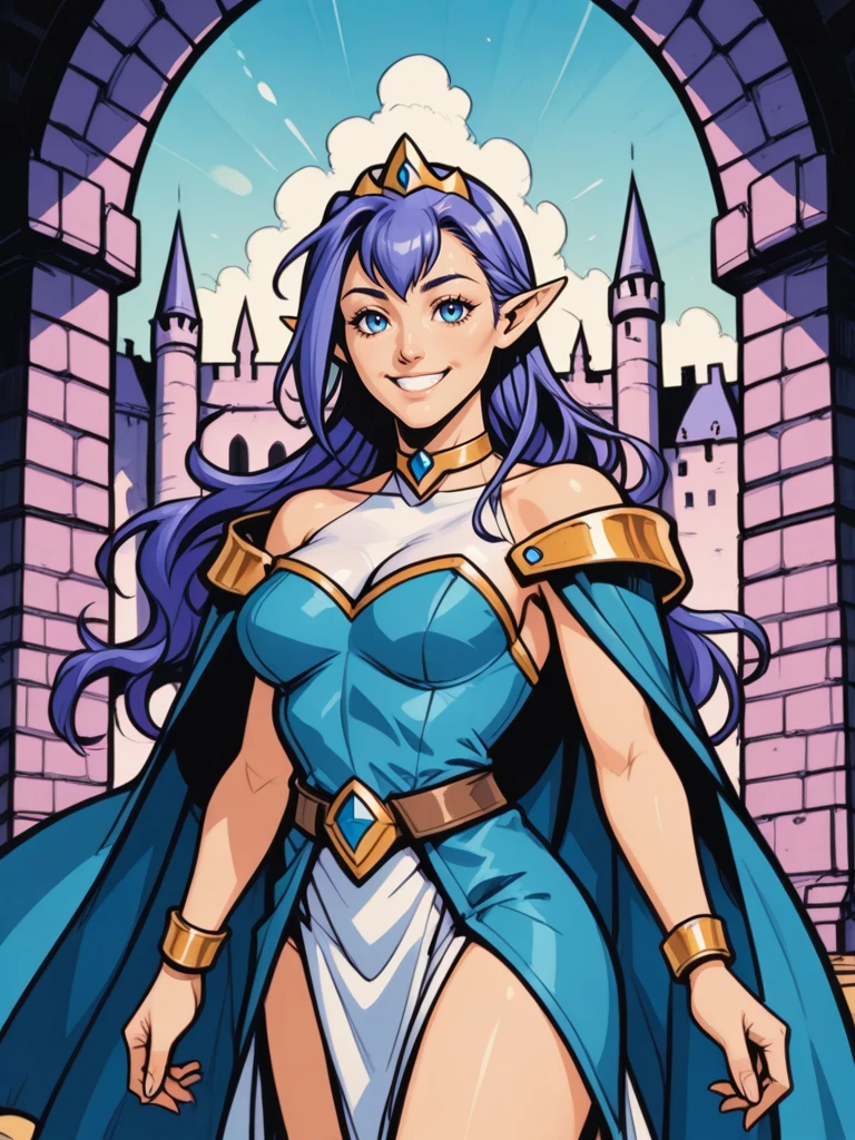 standing in a castle, solo, looking at viewer,smiling, cowboy shot,
<lora:Teiris__Dragonforce:0.7>
dfteiris,,purple blue hair, long hair,blue eyes,pointy ears,,jewelry, tiara, choker,,cape, teiriscape,,