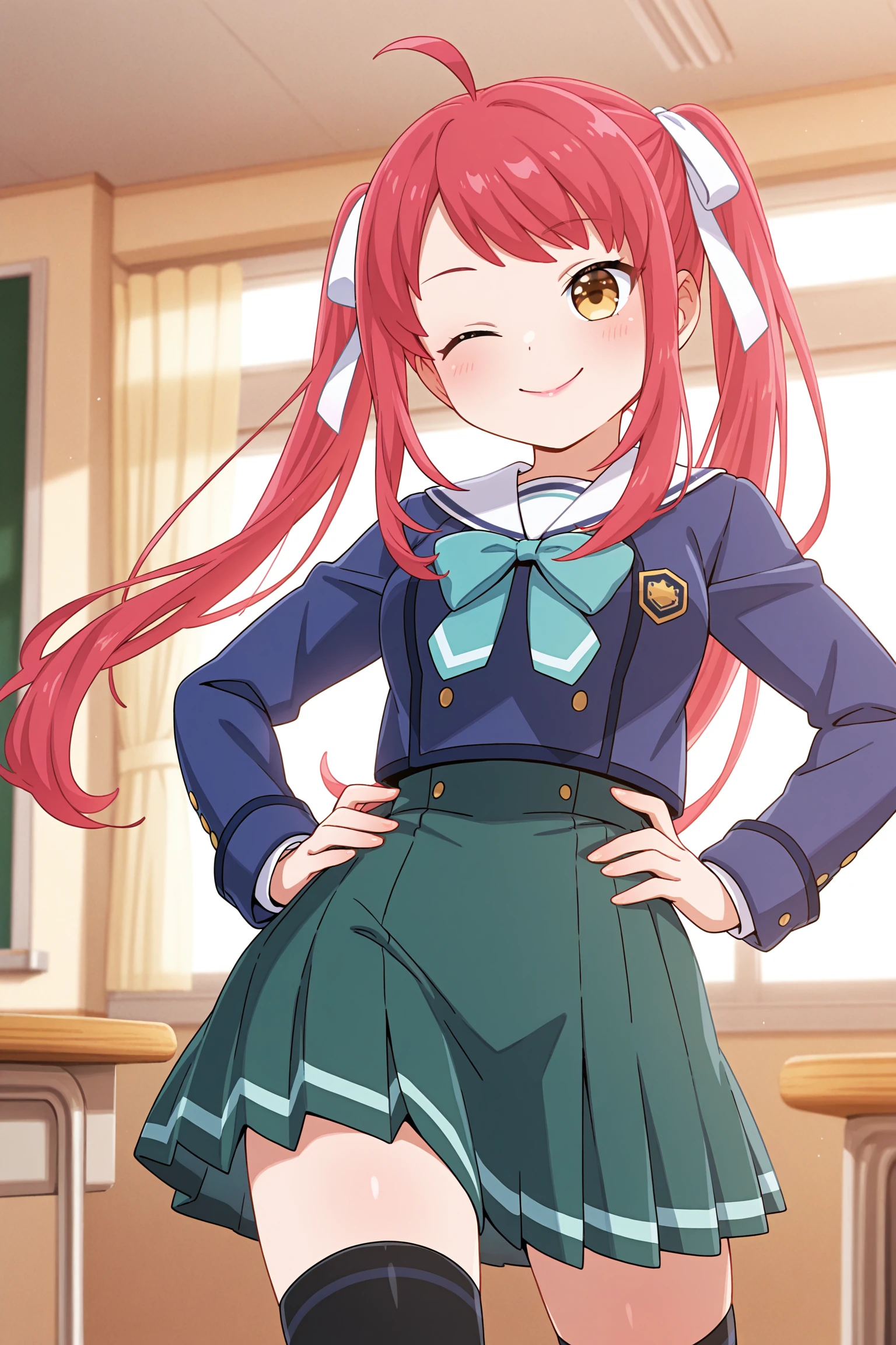 masterpiece, best quality, very aesthetic, hasumiurara, outfit1, solo, indoors, classroom, red hair, ahoge, twintails, hair white ribbons, swept bangs, very long hair, sidelocks, yellow eyes, one eye closed, small breasts, blue jacket, white sailor collar, aqua bowtie, long sleeves, hands on hips, green skirt, black thighhighs, school uniform, smile, closed mouth, ;), pink lips, <lora:Hasumi-Urara:0.7>