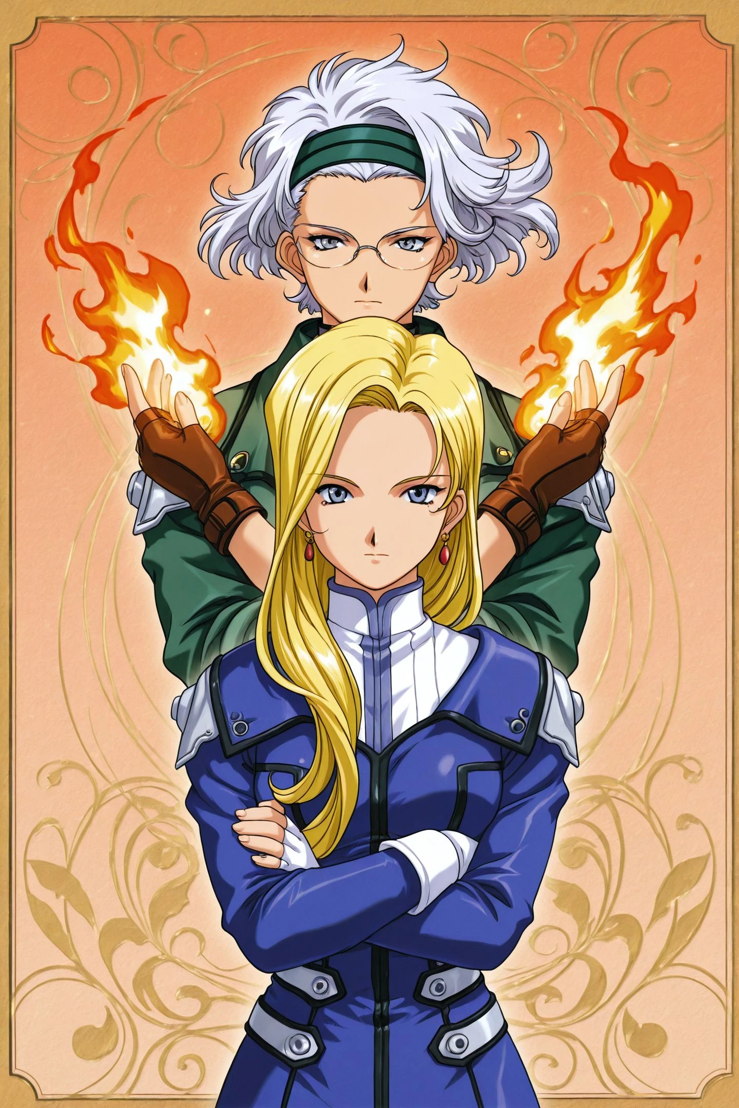 Game CG Style,Glycine Bleume,Lobelia Carlini,2girls,blonde hair,blue eyes,glasses,fire in hand,grey hair,long hair,short hair,grey eyes,gloves,jewelry,fingerless gloves,earrings,crossed arms,green hairband,
<lora:Sakura Wars_illustriousXL_v2:1>,