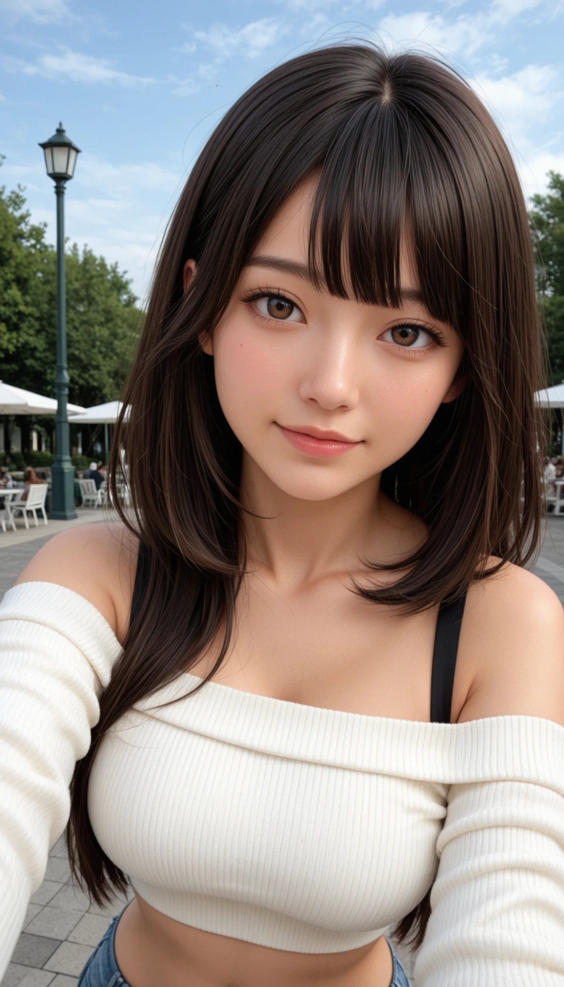masterpiece, best quality, amazing quality, 4k, very aesthetic, high resolution, ultra-detailed, absurdres, scenery, realistic, photo, 1girl, innocent and alluring, long hair, brown hair, choppy bangs, alternative vibe, brown eyes, large breasts, off-shoulder black strap crop top ribbed white sweater, navel, portrait, upper body, looking at viewer, head tilt, selfie, light smile, selene, generous, dutch angle, park, blue sky, outdoor, raw lights, BREAK, depth of field, photorealistic details