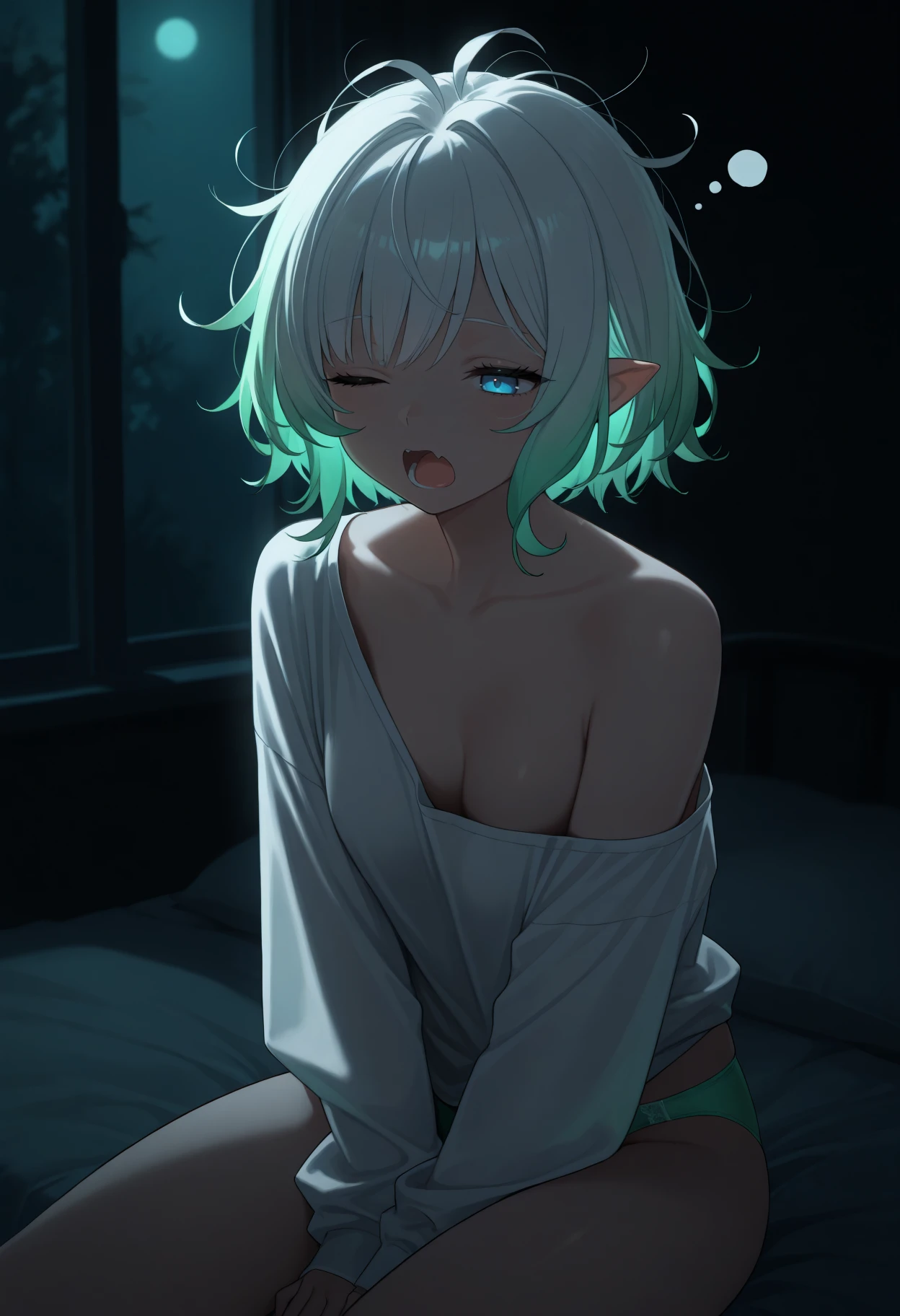 masterpiece, best quality, 1girl, solo, M1nt, blue eyes, multicolored hair, white hair, green hair, short hair, messy hair, pointy ears, sitting, on bed, night, darkness, dark, dark theme, sleepy, tired, yawning, one eye closed, white shirt, off-shoulder shirt, no bra, green panties, <lora:ChamMintFantomeNoob:1>