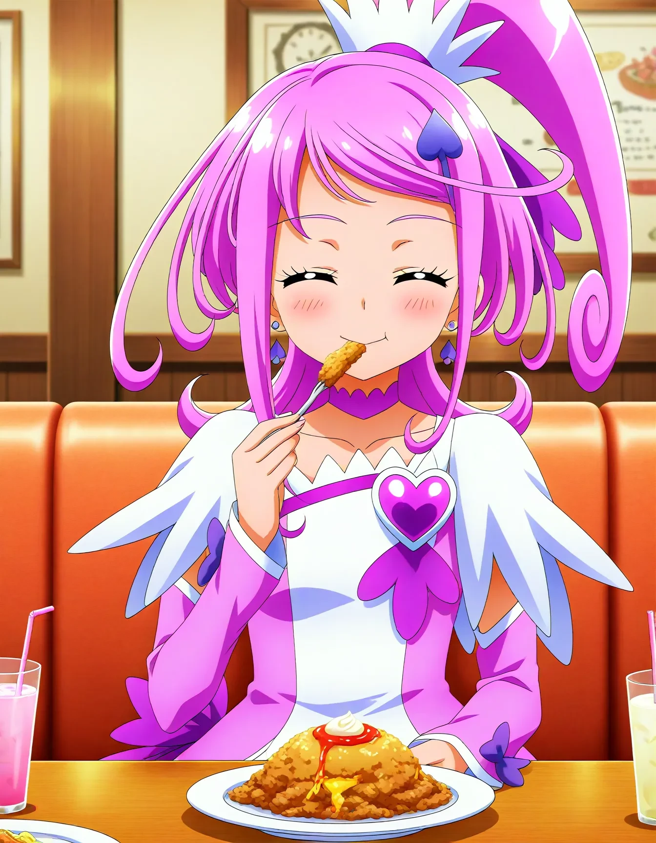 <lora:cure_sword_V1:1>,<lora:dmd2_sdxl_4step:1>,official style,masterpiece,best quality,newest,very aesthetic,highly detailed,high resolution,absurdres,highres,depth of field,super detailed skin,very awa,Anime,anime coloring,anime screencap,cure sword,purple eyes,purple hair,high ponytail,earrings,jewelry,hair ornament,spade hair ornament,heart brooch,purple dress,detached sleeves,arm warmers,capelet,choker,sitting,restaurant,eating,closed eyes,blush,food,