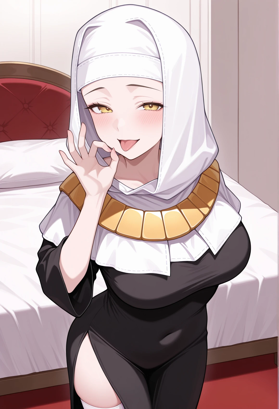 (masterpiece:1.2), aesthetic, best quality, high resolution, unity 8k wallpaper, (illustration), extremely detailed face, perfect lighting, extremely detailed CG, (beautiful detailed eyes:1.2), 1girl, solo, KIARA, nun, habit, golden eyes, dark red lipstick, black dress, standing, huge breasts, cowboy shot, church, looking at viewer, mature woman, pervert smile, Giggling