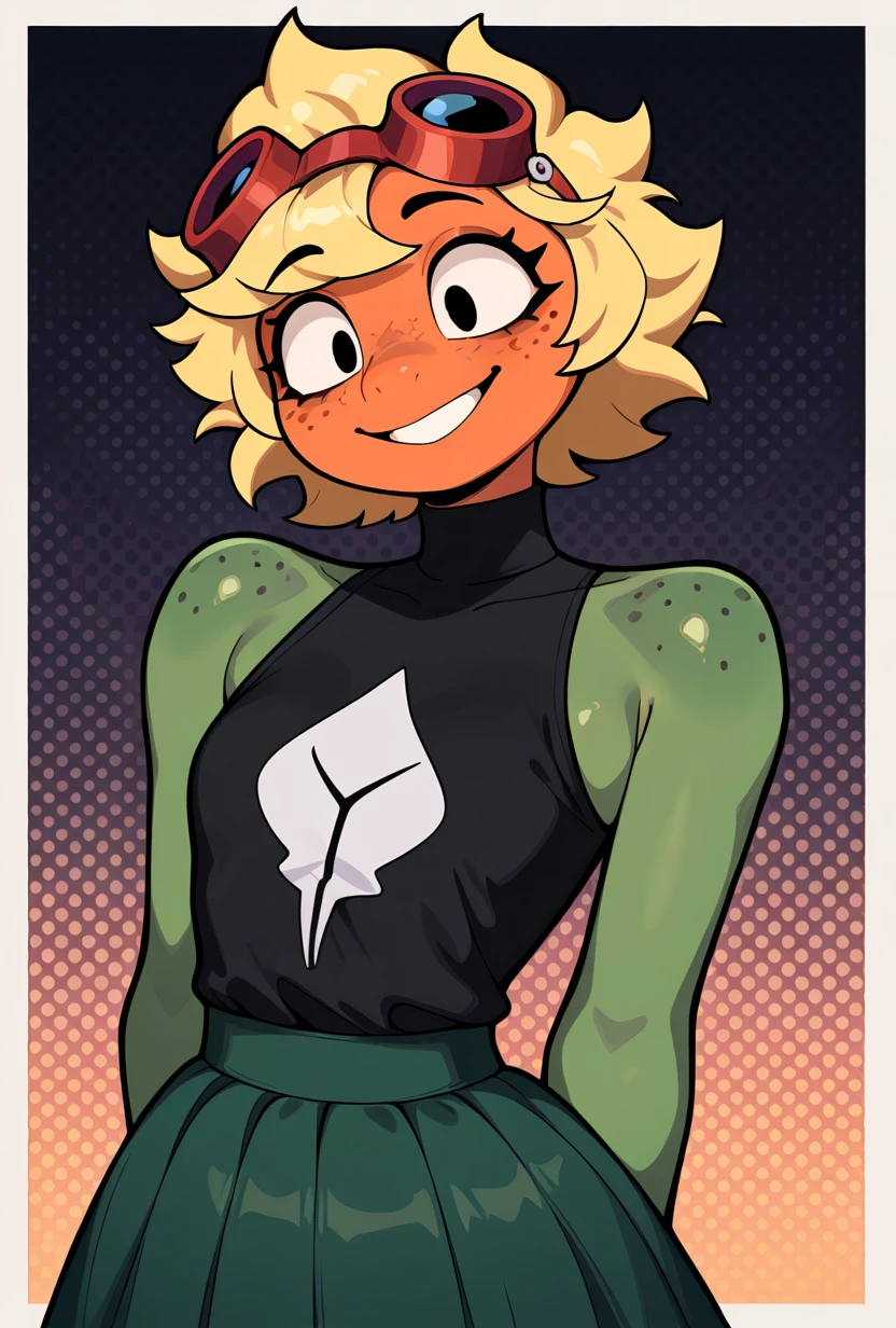<lora:solarflare-09:1> solarflare, blonde hair, 1girl, red goggles on head, short hair, black shirt, freckles, dark green skirt, ((anthro, no ears, short snout, )),green skin, turtle neck, , green skirt, spikey hair, big smile, teeth, (orange face) , green neck, sleeveless, pose, no ears, earless, shirt print, shirt over skirt, big anthro hands, flat hands, round face, circular face, no humans, monster girl,, flat hands, green arms,, masterpiece, best quality, amazing quality, very aesthetic, absurdres, newest,, upper body, halftone effect, white borders, abstract background:1.2,