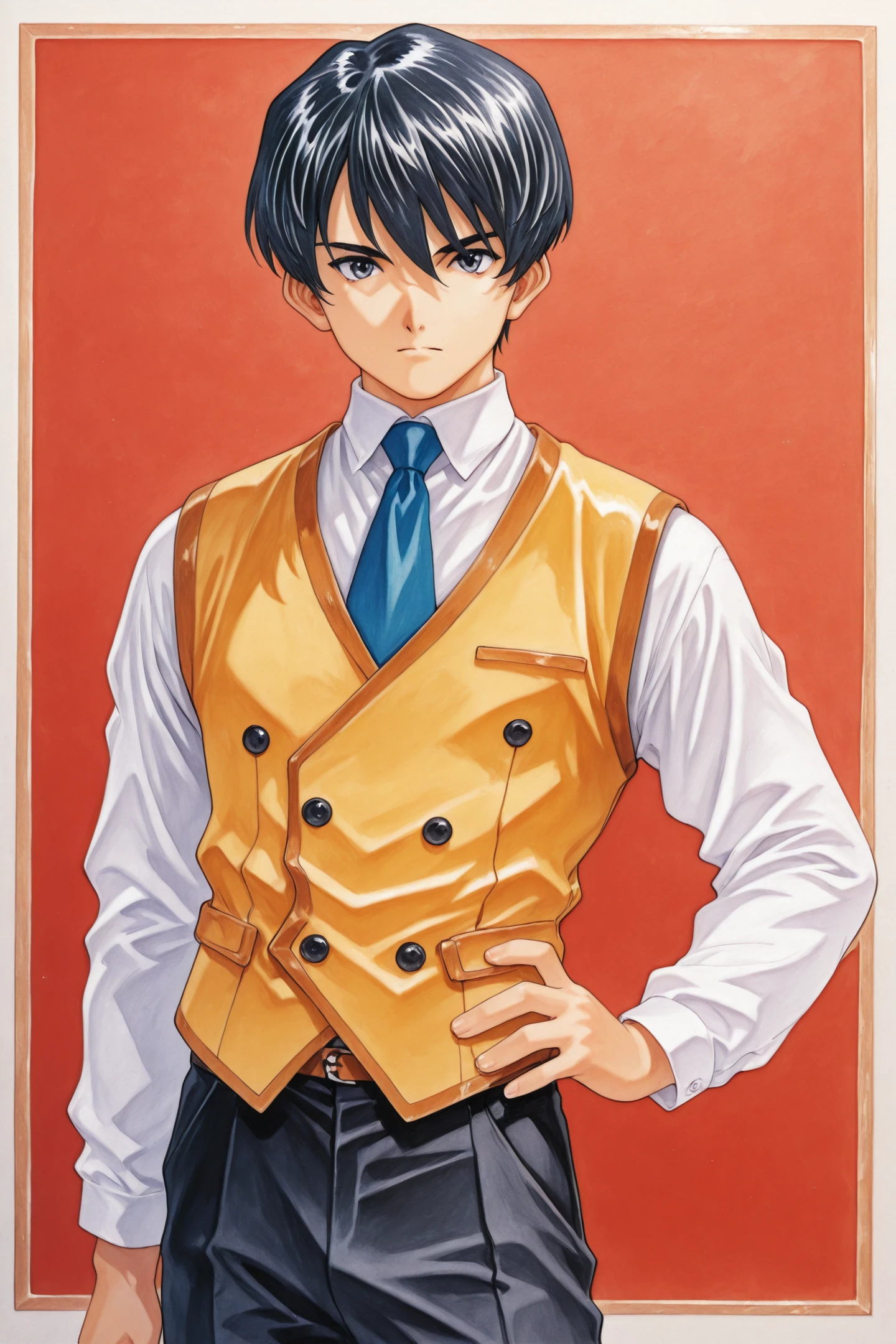 Taiga Shinjiro,1boy,black hair,necktie,male focus,solo,vest,black eyes,hand on own hip,pants,shirt,yellow vest,black pants,blue necktie,red background,long sleeves,white shirt,standing,looking at viewer,traditional media,
<lora:Sakura Wars_illustriousXL_v2:1.4>,