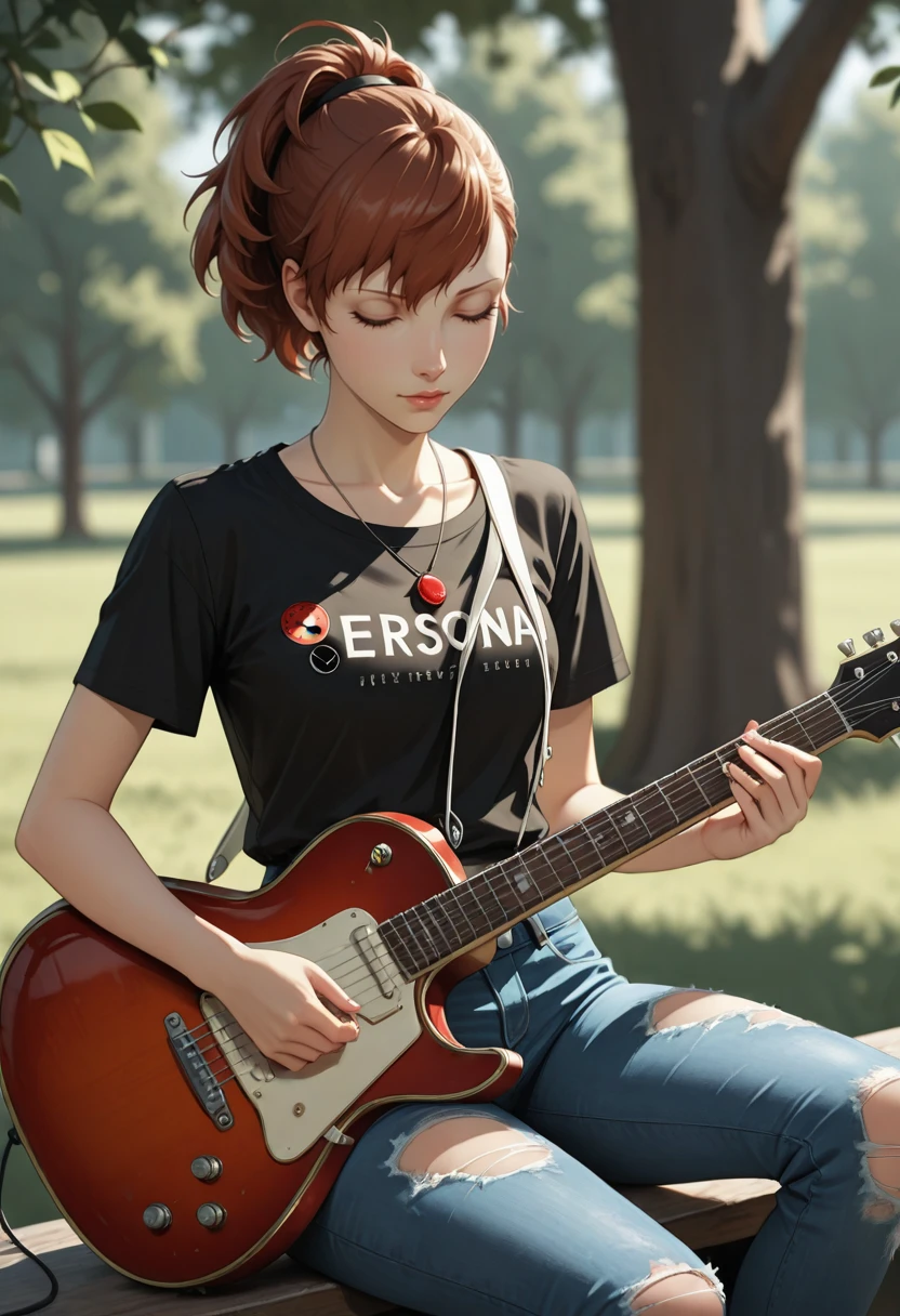 masterpiece, very aesthetic, best quality, absurdres, newest, solo,
<lora:ILPersona3KotoneShiomi:1.0>
Persona3KotoneShiomi, 1girl, brown hair, ponytail, red eyes, looking at viewer, playing instrument, denim, torn jeans, torn pants, t-shirt, guitar, necklace, closed eyes, music, jewelry, black shirt, blurry background, outdoors, torn clothes, short sleeves, holding instrument, tree, depth of field