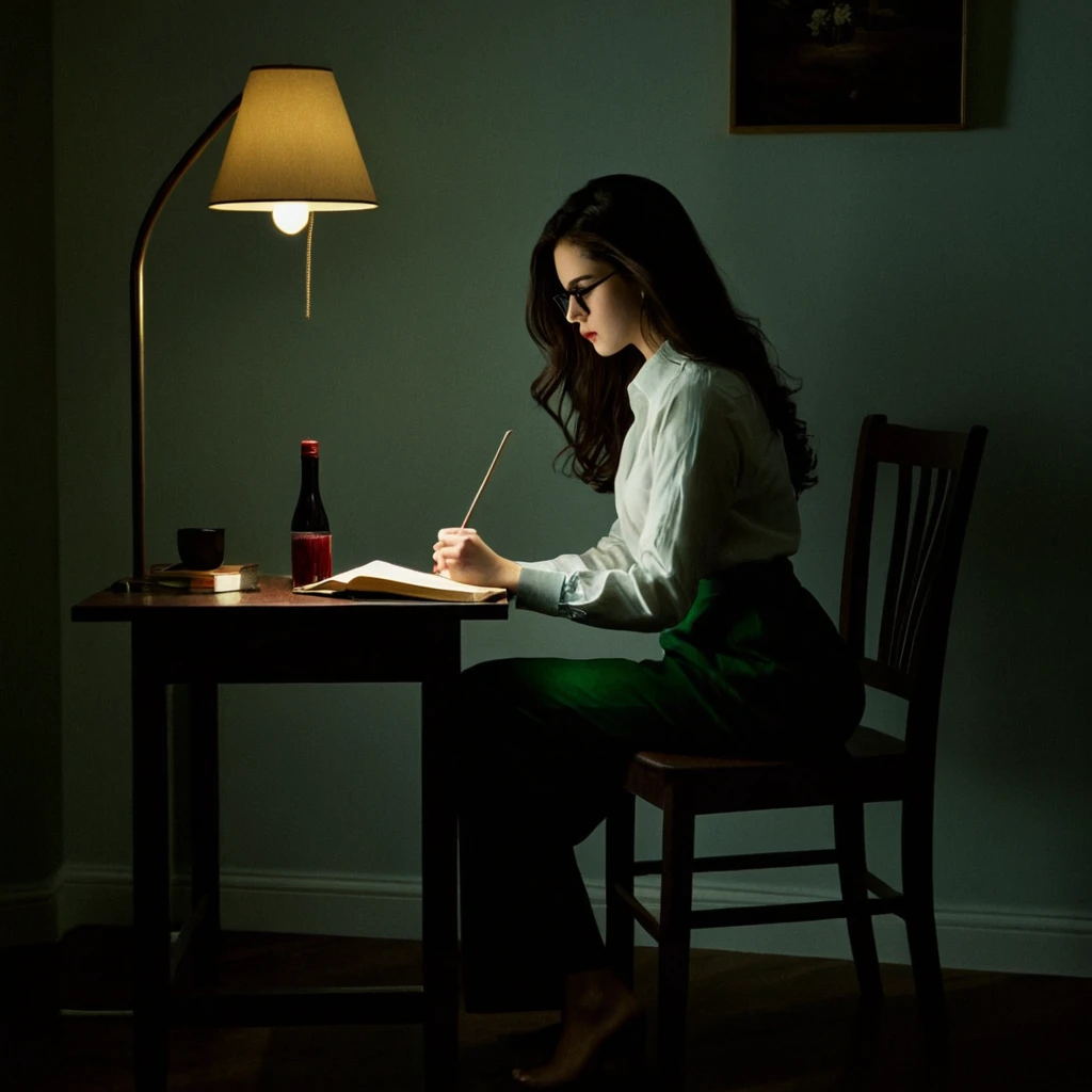 Dark Moody Atmosphere, <lora:Low-key lighting Style pony v1:1>
dim light Contrast, Cinematic, Low key, lighting style Chiaroscuro Lighting Style of a woman sitting on a bed in a dark room, sharp, detailed, perfect, perfection, realism, cinematic exposure, cinematic color, cinematic contrast, dramatic style, cinematic style, dramatic shadow, partially covered in shadow, Chiaroscuro Lighting Style, 1girl, solo, long hair, brown hair, sitting, closed eyes, glasses, indoors, realistic, lamp, desk lamp, food, dark, black hair, long sleeves, holding, blood, blood on face, green pants, blood on hands, shirt, pants, from side, profile, chair, eating, table, skirt, book, plate, dramatic, mysterious, dark moody atmosphere