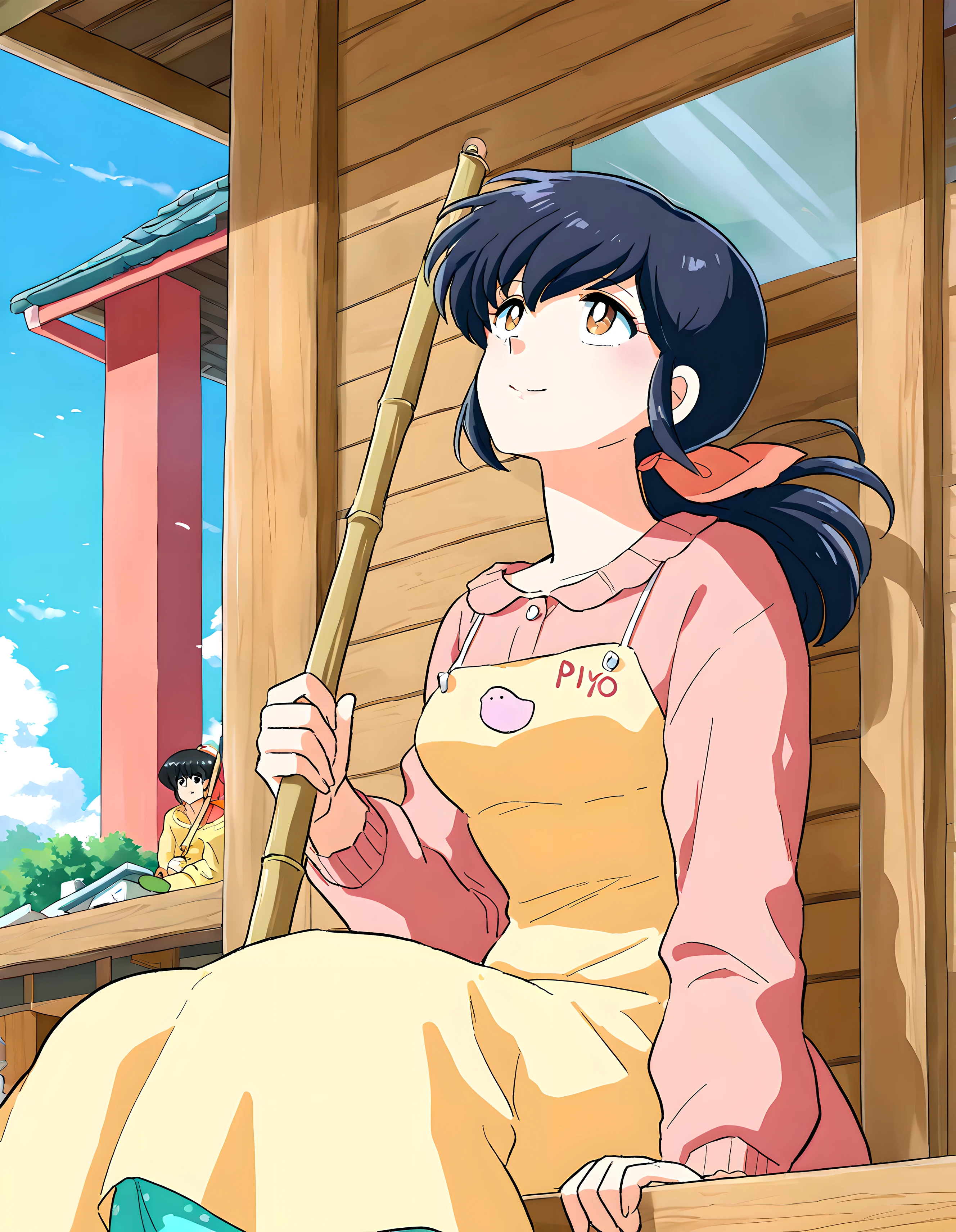 <lora:illustrious_XL_otonashi:0.9>,otonashi,masterpiece,best quality,good quality,1girl,solo,black hair,brown eyes,ponytail,hair_ribbon,dress,long sleeves,yellow apron,PIYO PIYO,holding broom,sitting,in summer,day,blue sky,wind,looking up at the sky,smile,kind_smile,