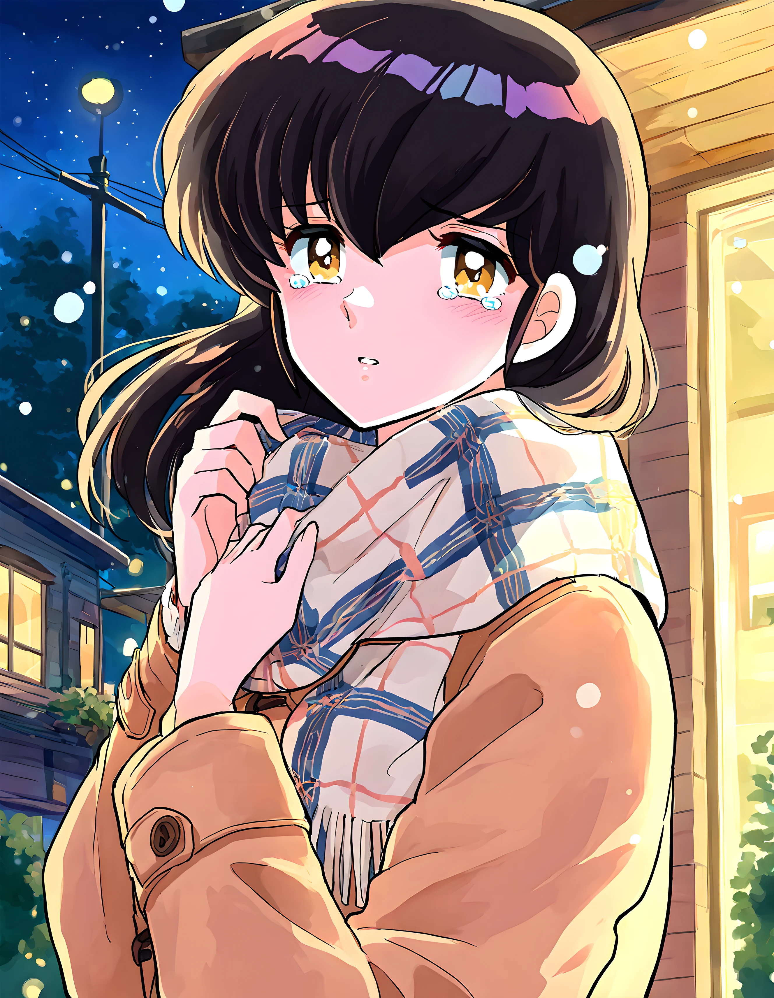 <lora:illustrious_XL_otonashi:0.9>,otonashi,masterpiece,best quality,good quality,1girl,solo,night,scarf,winter_coat,upper_body,looking_at_viewer,tearing_up,parted lips,