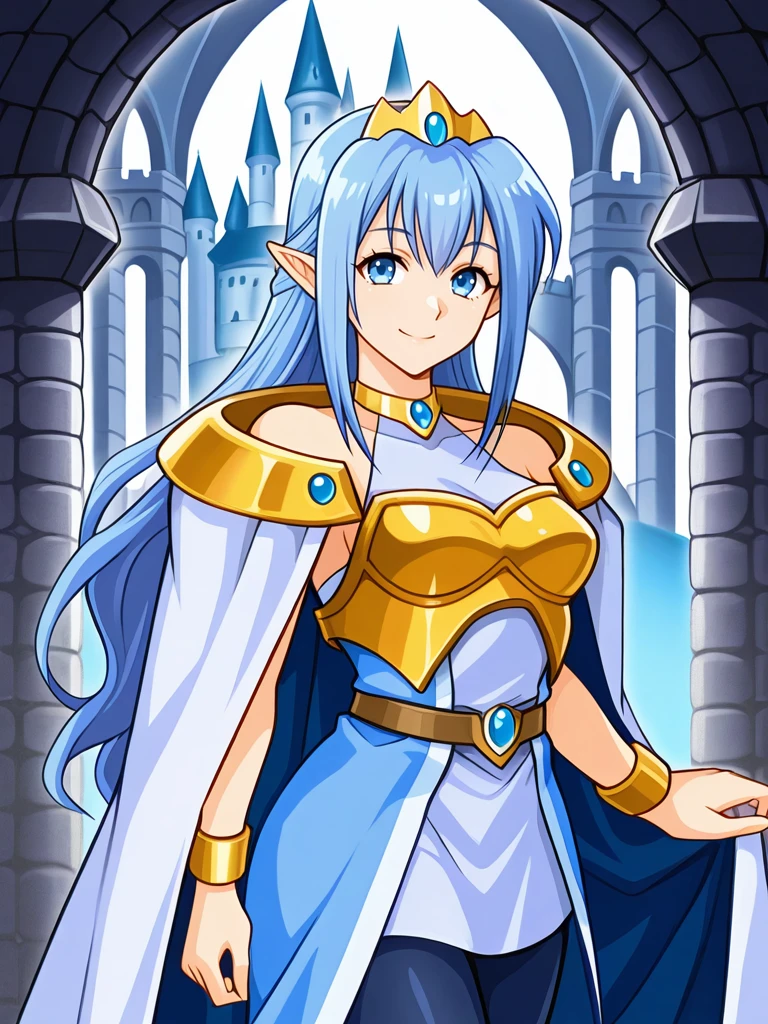 standing in a castle, solo, looking at viewer,smiling, cowboy shot,
 <lora:Teiris__Dragonforce:0.7>
dfteiris,,blue hair, long hair,blue eyes,pointy ears,,jewelry, tiara, choker,,cape, teiriscape,,
