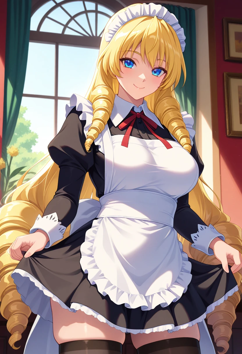 perfect hands, perfect fingers, naked apron, Blonde Hair,Very long hair, Drill hair,twin_exercise,blue_Eye, 1 girl,comics,20 years old,Mature female,beautiful Finger,beautiful 长的 legs,beautiful body,beautiful Nose,beautiful character design, perfect Eye, perfect Face, Looking at the audience, Official Art,Extremely detailed CG unity 8k wallpaper, Perfect lighting,rich and colorful, bright_front_Face_light, (masterpiece:1.0),(the best_quality:1.0), 超high resolution,4K,Extremely detailed, photography, 8K, HDR, high resolution, absurd:1.2, Kodak Portra 400, Film Grain, Blurred background, Bokeh:1.2, lens flare, (Energetic_color:1.2) (beautiful_Face:1.5),(narrow_waist), slim body, smile, happy, full body, naked apron