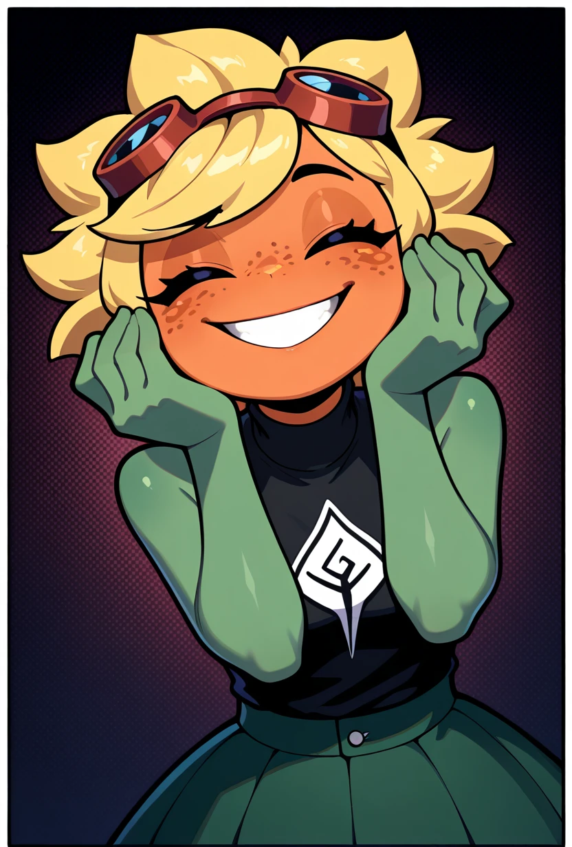 <lora:solarflare-09:1> solarflare, blonde hair, 1girl, goggles on head, short hair, black shirt, freckles, dark green skirt, ((anthro )),green skin, turtle neck, , green skirt, spikey hair, big smile, teeth, orange face, , green neck, sleeveless, pose, no ears, earless, shirt print, shirt over skirt, big anthro hands, flat hands, fin hands, around face, circular face, no humans, monster girl, , smile,, masterpiece, best quality, amazing quality, very aesthetic, absurdres, newest,, upper body, halftone effect, white borders, abstract background:1.2,