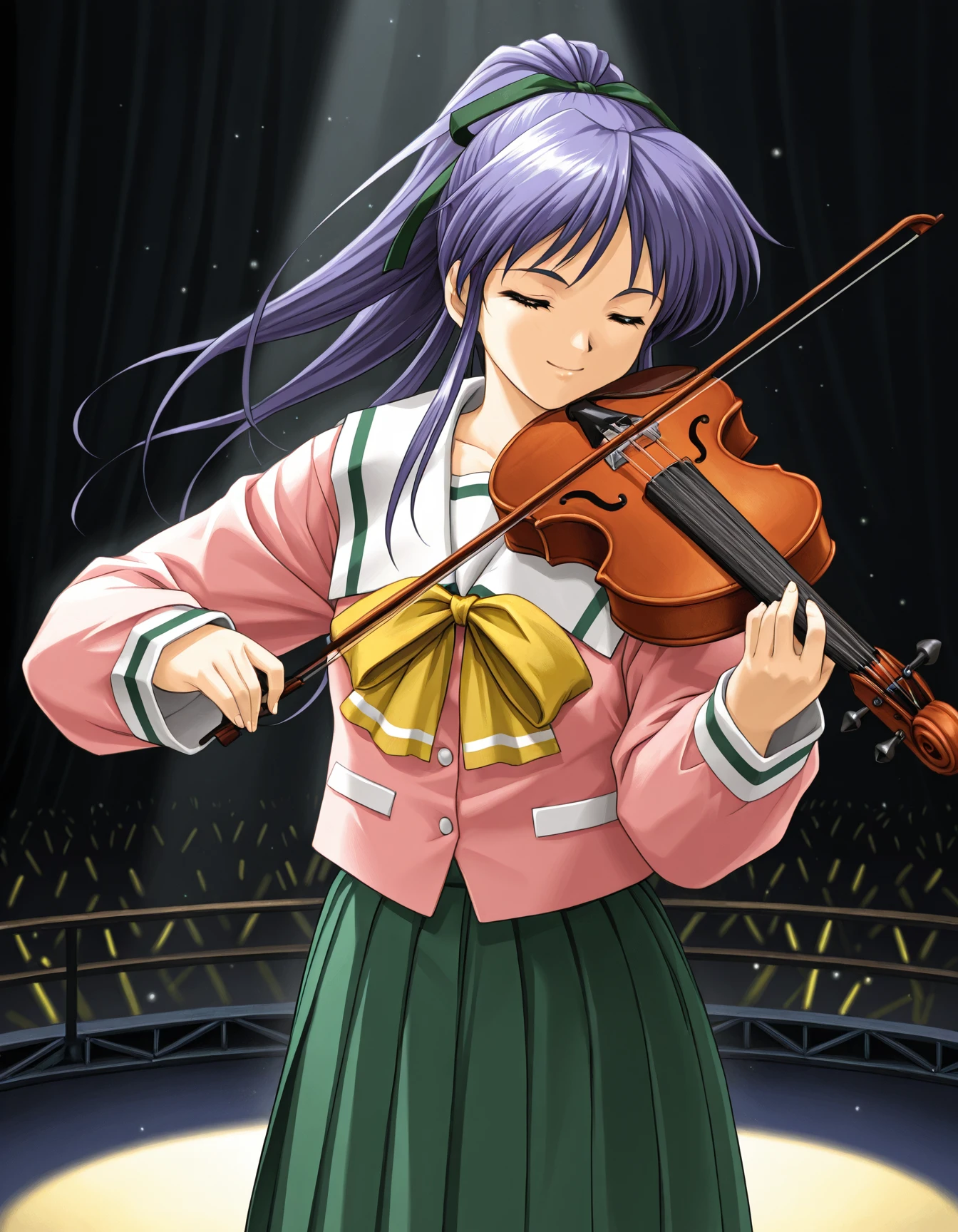 <lora:saku-v9-il_r1:0.75> t4k4b3, hair ribbon, serafuku, pleated skirt, green skirt, 1girl, solo, closed eyes, smile, playing instrument, holding instrument, holding violin, stage, spotlight, dark, light particles, cowboy shot