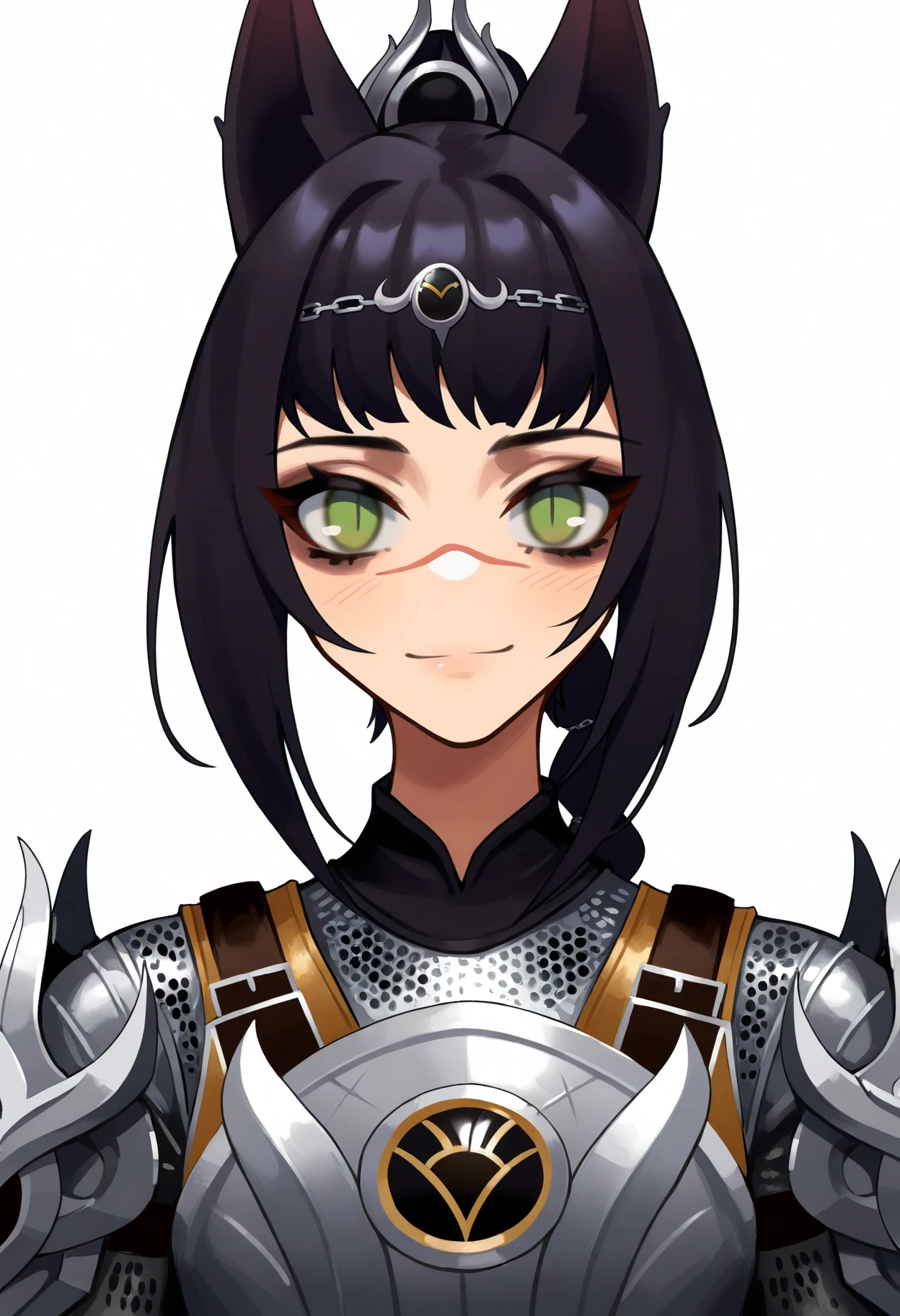 best quality, amazing quality, very aesthetic, absurdres,
animal ears,
1girl, solo, shadowheart, black hair, braided ponytail, green eyes, scar on face, circlet, armor,
smile, looking at viewer, upper body, simple background, white background, <lora:ShadowHeartIllustrious_byKonan:0.8>, <lora:GhostNoob_byKonan:1>