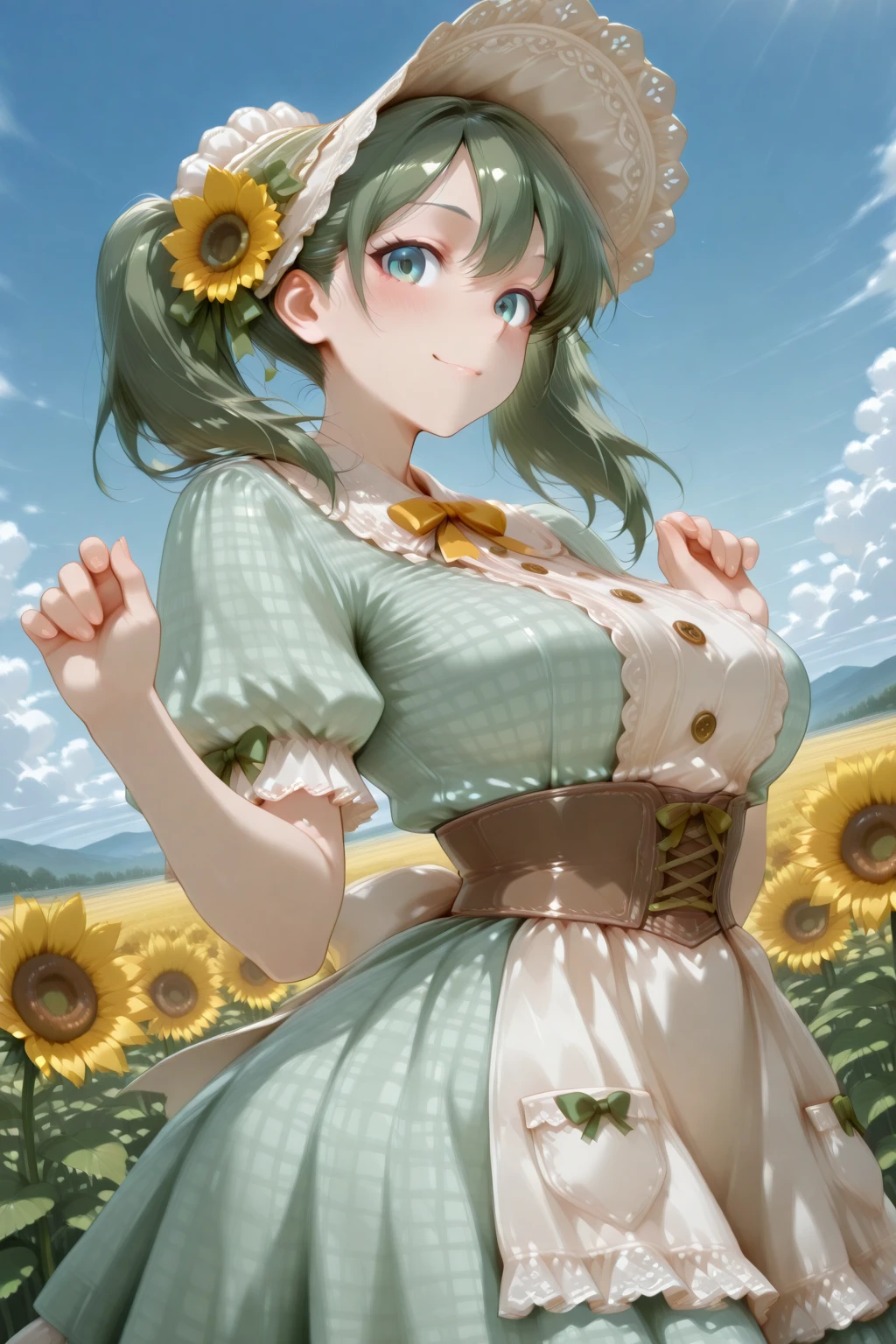 masterpiece, best quality, amazing quality, 1girl, solo, makeup, perspective, general, looking at viewer, dynamic angle, cowboy shot, (from side), dutch angle, smile, blush, farm, outdoors, sunlight, hands up, <lora:TerraceRirika:0.7>, TerraceRirika, twintails, green hair, blue eyes, bow, hair between eyes, large breasts, <lora:Sunberry_Patchwork_Bloom_Dress:1>, Sunberry_Patchwork_Bloom_Dress, green dress, frilled dress, plaid dress, bow, sunflower, puffy short sleeves, lace trim, cross-laced clothes, corset, ribbon, apron, bonnet, hat flower, socks, bowtie, <lora:wai-2Rectified-V140:1>, <lora:Illustrious_-_Refiner:1>