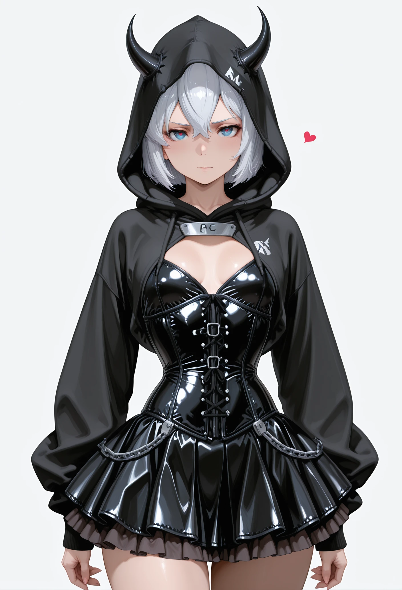 masterpiece, best quality, amazing quality, 1girl, solo, 1girl, gm \(mobile suit\), gundam, <lora:Devilishly_Cute:1.0> Devilishly Cute, pvc outfit, pvc corset, heart-shaped corset, chain accessory, pleated skirt, short skirt, layered skirt, tulle underskirt, long sleeves, hood up, spiked hood, tight clothing, (small devil horns:1.5), (horned hood:1.5), tight clothing,