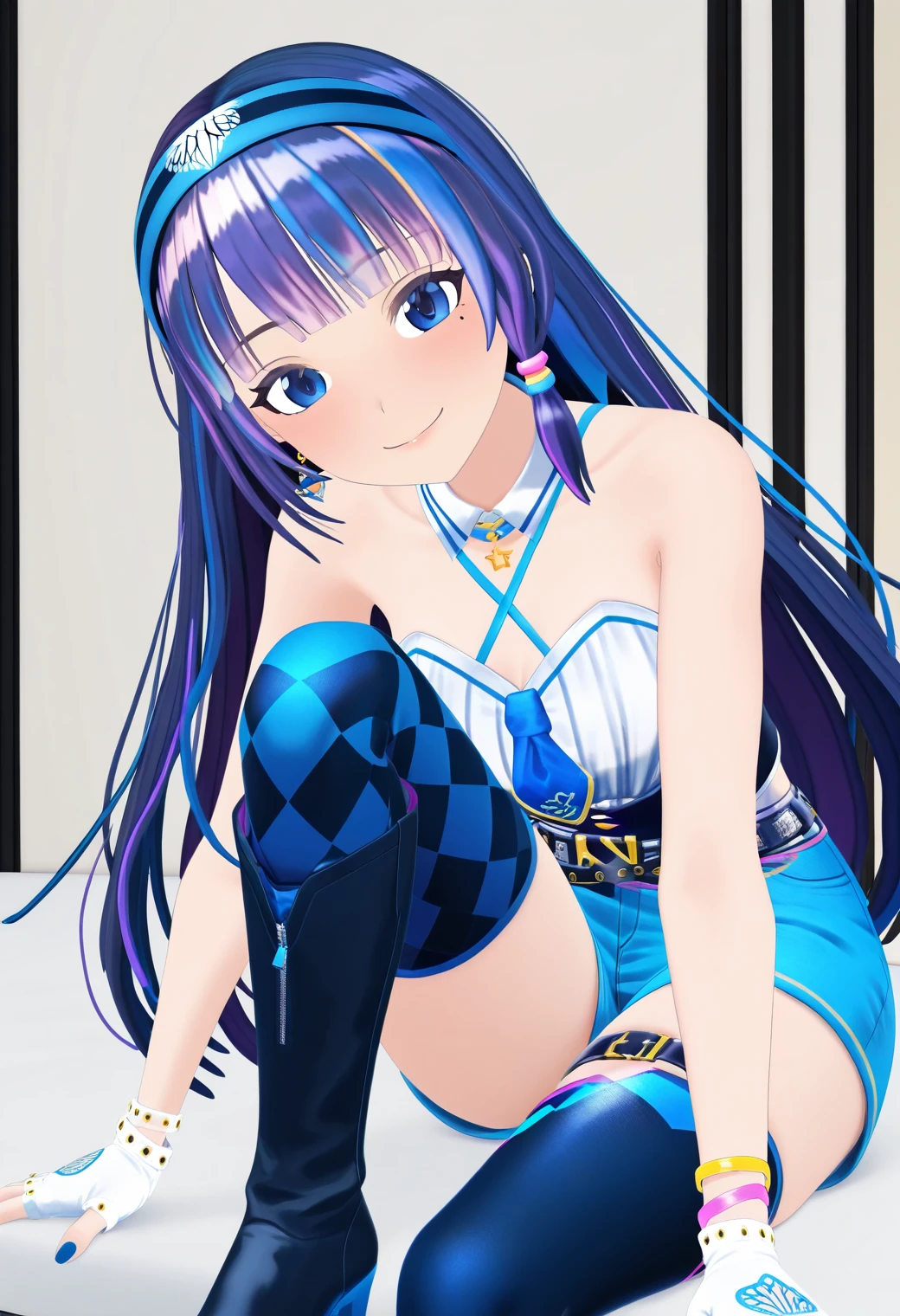 masterpiece, best quality, very aesthetic, absurdres, 1girl, solo,
<lora:fuji_aoi_v01:1.0>, virtual youtuber, aoi_costume4, multicolored hair, streaked hair, purple hair, blue hair, long hair, blue eyes,
blue headband, earrings, detached collar, criss-cross halter, white tube top, blue necktie, short necktie, bracelet, white gloves, blue nails, belt, denim, blue shorts, leg belt, blue thighhighs, asymmetrical legwear, knee boots, high heel boots, sitting, smile, posing, leaning forward, looking at viewer