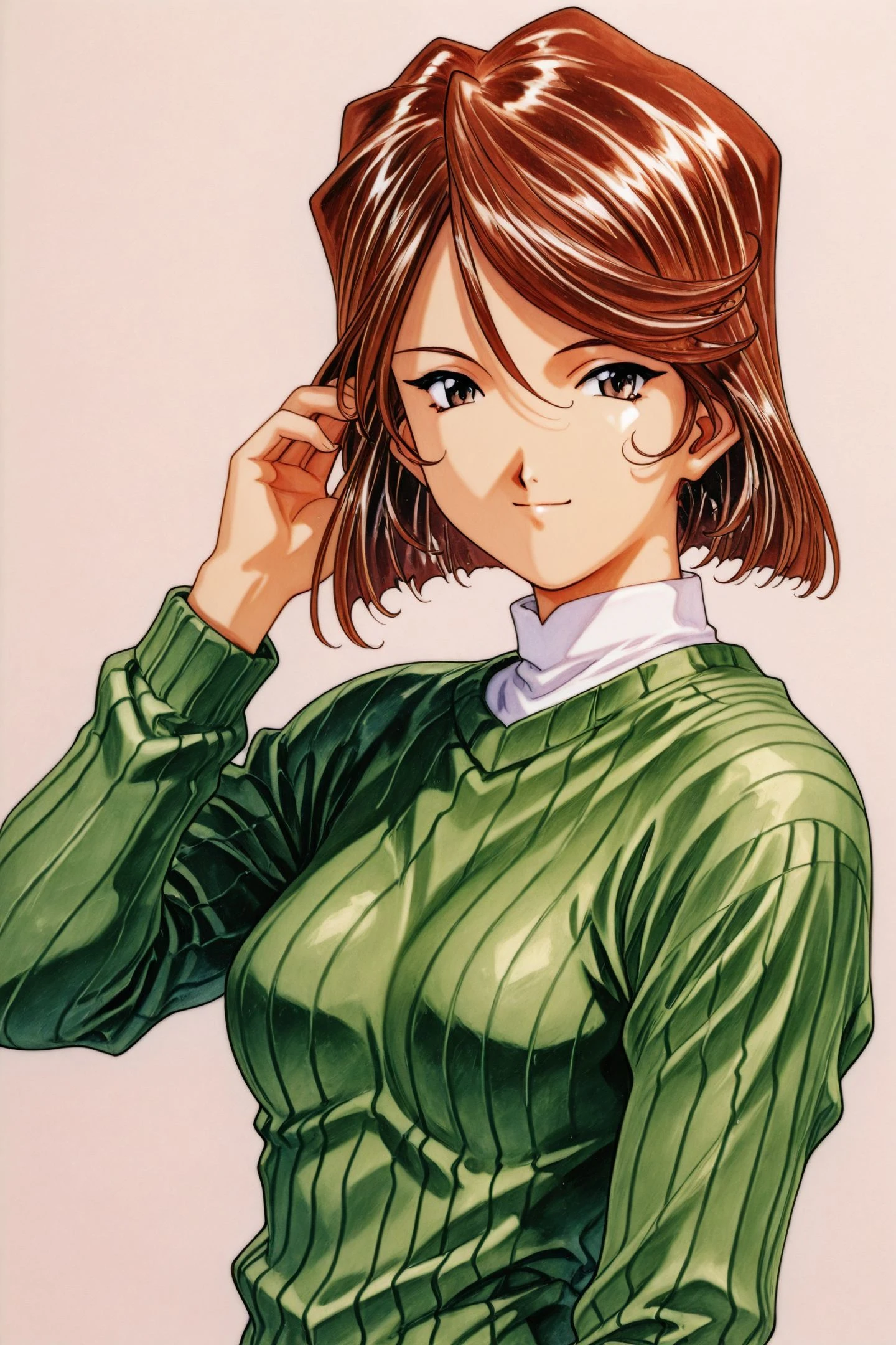 Fujieda Kaede,1girl,solo,brown hair,short hair,upper body,looking at viewer,smile,black eyes,long sleeves,brown eyes,retro artstyle,green sweater,breasts,light smile,simple background,traditional media,striped sweater,1990s \(style\),adjusting hair,
<lora:Sakura Wars_illustriousXL_v2:1.4>,