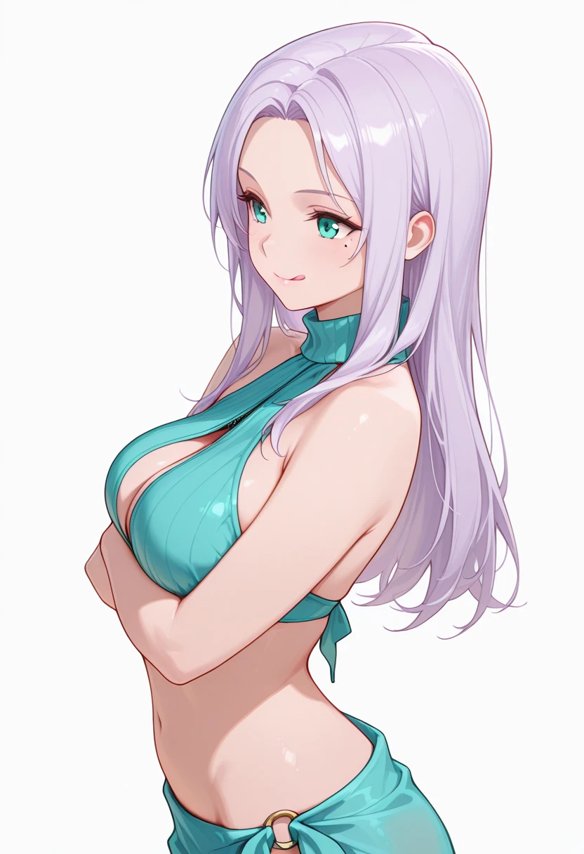 A mesmerizing surreal illustration of a young japanese woman resembling Mei Mei. She has white hair, purple eyes, and wears a vibrant pastel colored outfit adorned with intricate floral patterns. She has a smooth, warm complexion, and bold, colorful tattoos cover her arms and legs. The tattoos feature traditional Japanese motifs like flowers and mythical creatures, rendered with meticulous detail in a pastel color palette. The background is a vintage floral-patterned wallpaper that complements the artwork's colors. The line work is precise, with delicate shading that gives the illustration a 3D quality. The artwork fuses modern illustration techniques with traditional Japanese aesthetics, resulting in a visually striking, portrait, mei mei, long hair, very long hair, braid, hair over one eye, braided ponytail, ((front braided bangs covering one eye)), purple eyes ,big breasts, slender, arms behind back, white panties, cleavage,
