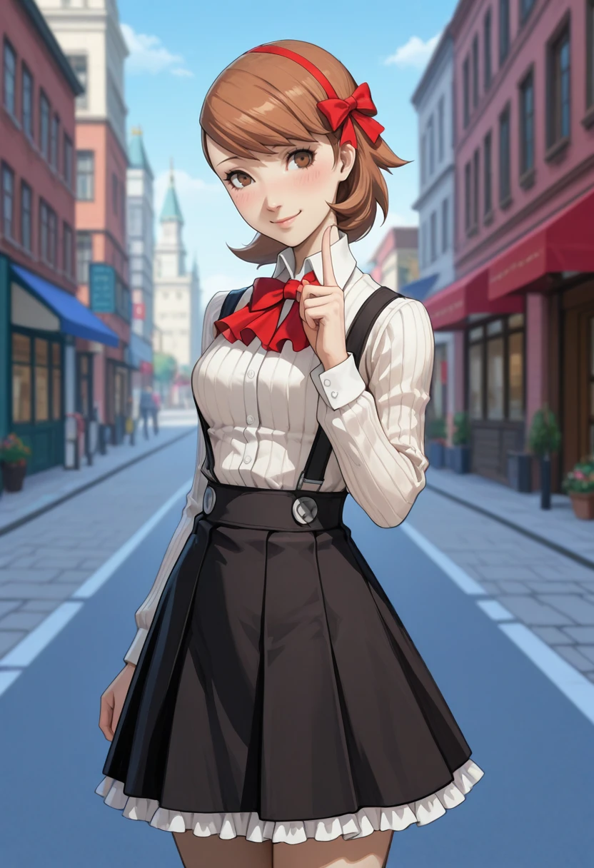 masterpiece, very aesthetic, best quality, absurdres, newest, solo,
<lora:ILP3Yukari:1>
Persona3Yukari, 1girl, short hair, brown hair, brown eyes, black skirt, smile, white shirt, hair bow, outdoors, frills, long sleeves, closed mouth, blush, suspender skirt,building, frilled skirt, hand up, suspenders, pleated skirt, blurry background, collared shirt, standing, day, index finger raised, street, cowboy shot