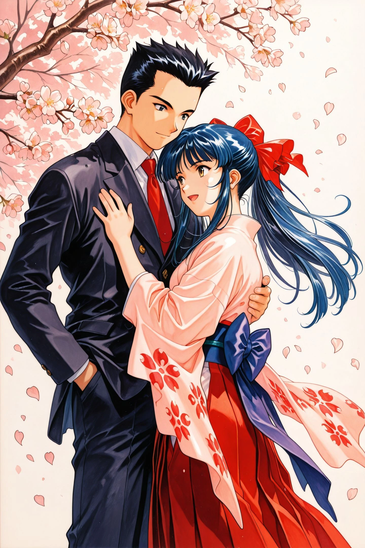 Shinguji Sakura,Ogami Ichiro,1girl,1boy,japanese clothes,blue hair,red hakama,long hair,petals,kimono,bow,hakama,cherry blossoms,hakama skirt,hair bow,skirt,retro artstyle,black hair,necktie,1990s \(style\),traditional media,looking at another,upper body,hug,
<lora:Sakura Wars_illustriousXL_v2:1.2>,