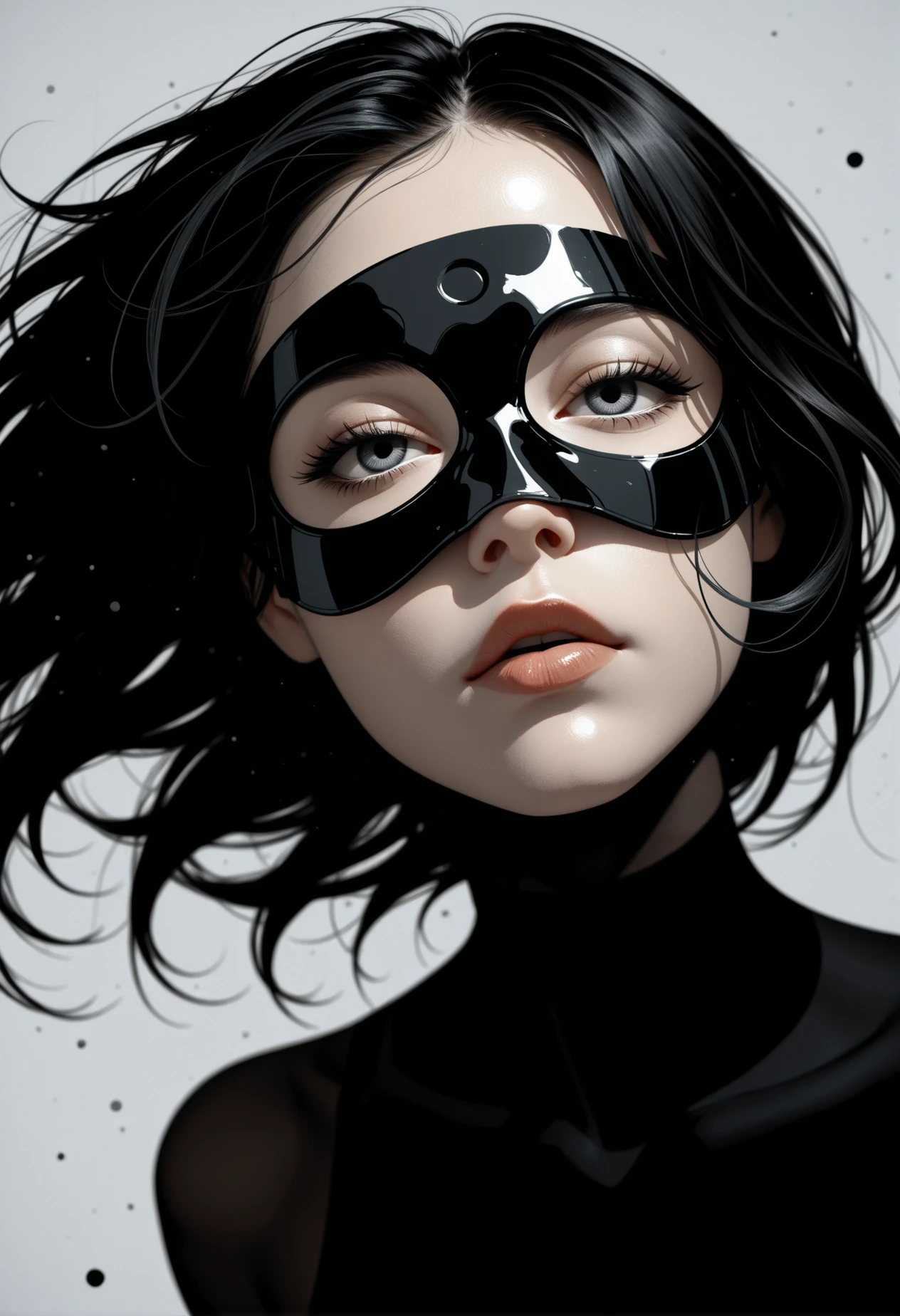 masterpiece, detailed_eyes, high_quality, best_quality, highres, subject_focus, Limited_Palette, (minimalism:1.2), black, 
woman, artistic, dynamic, cinematic,(motion)
holding mask beside face, half-lidded eyes, obsidian, mist, grey, movie perspective, dynamic_angle, legs_in_frame