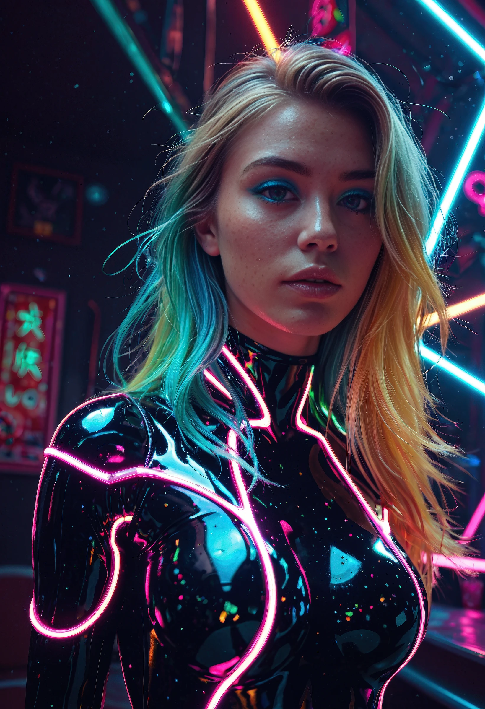 (masterpiece, best quality, ultra-detailed, realistic), perfect face, ((solo, solo focus, neon rim lighting, neon back lights)), neon lighting, neon bodysuit, long hair, detailed blue eyes, looking at viewer, neon eyeshadow, multi-coloured hair, specular highlights, neon theme, neon futurism, dynamic angle, very aesthetic