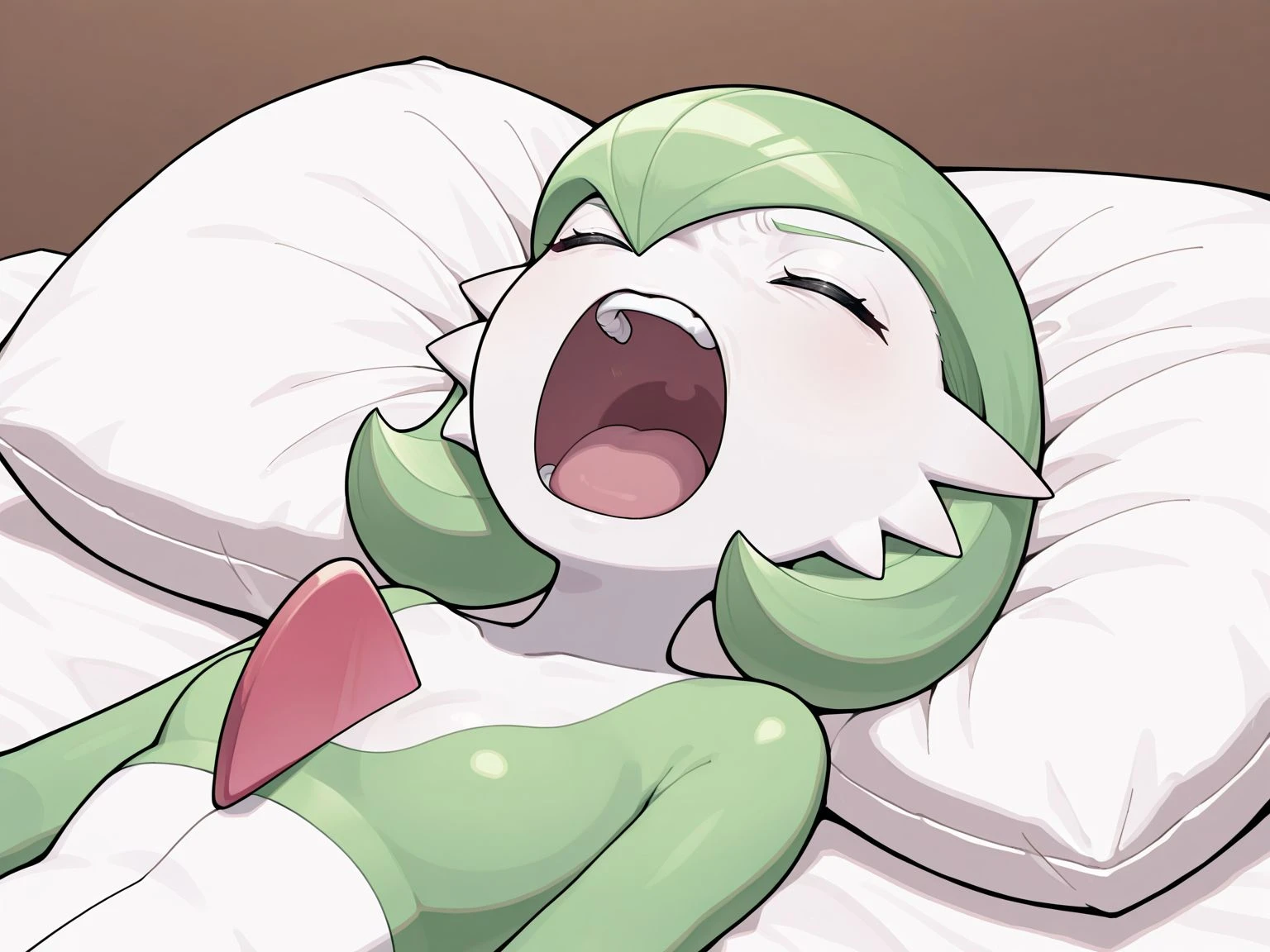 1girl,solo,<lora:Ikisugi_Illustrious_V1.0:1>,ikisugi,open mouth,closed eyes,on back,lying,pillow,teeth,upper teeth only,screaming,gardevoir,green hair,
